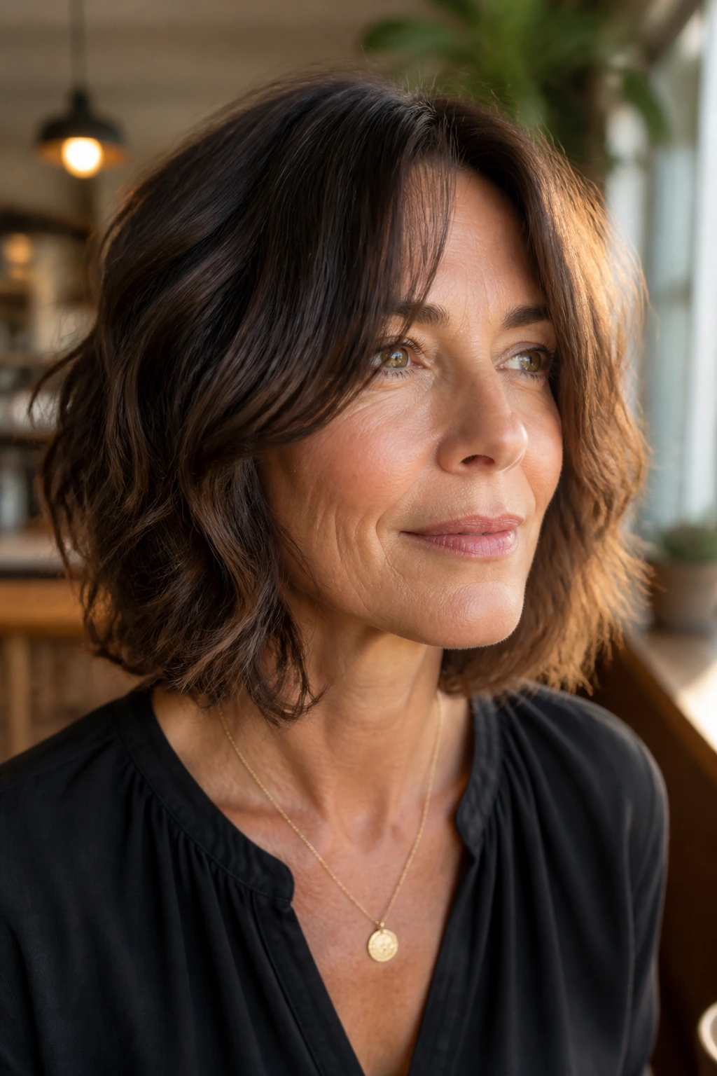 Portrait of a woman with chin-grazing curtain bangs in a sunlit setting
