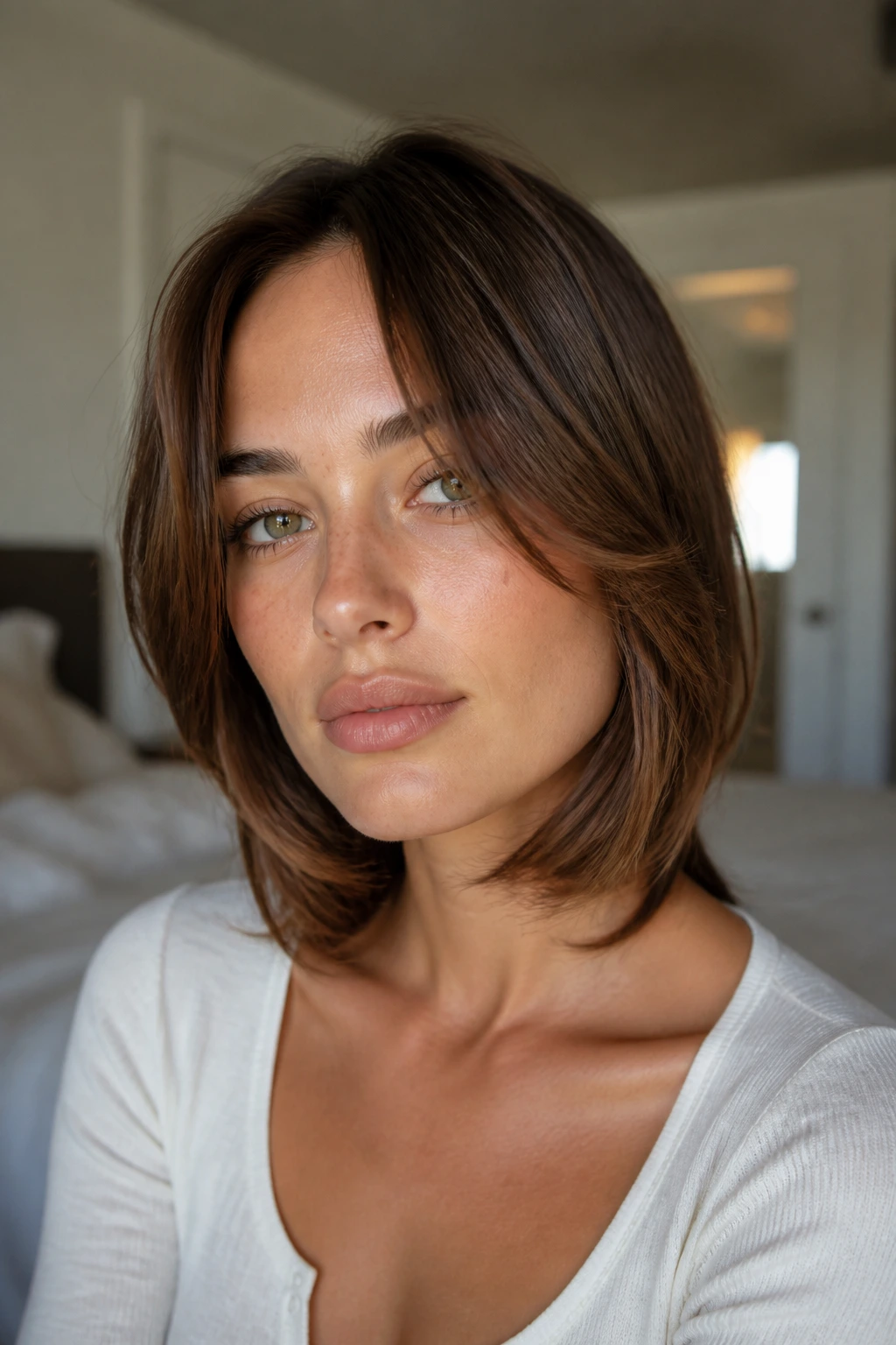 Close-up portrait of a real woman with chin-grazing curtain bangs reaching the chin