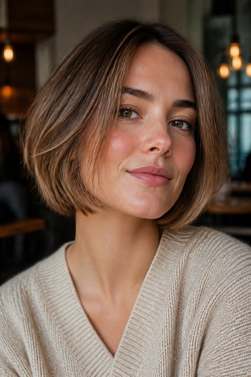 Portrait of a real woman with chin-grazing face frame highlighting jawline