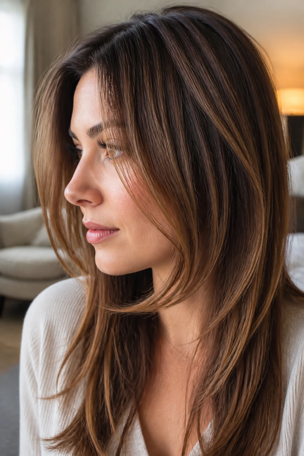 Close-up profile of a woman with chin grazing face-frame hair