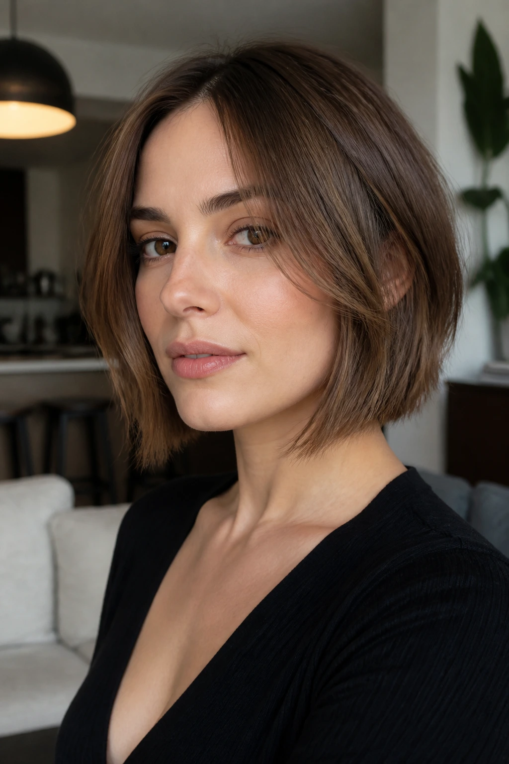 Real woman with chin-grazing face frame on shorter length hair
