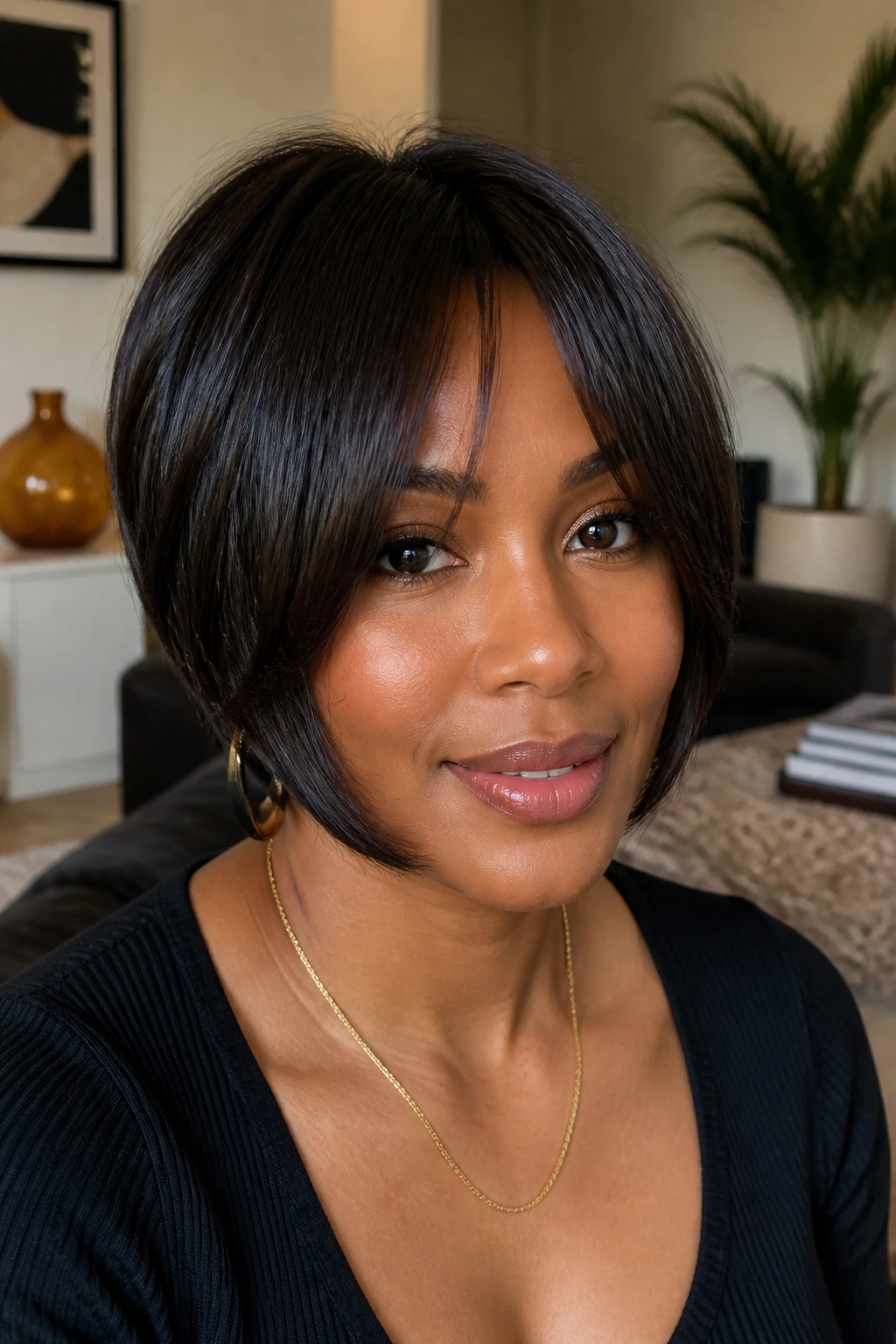 Close-up of chin-grazing face framing on a real Black woman