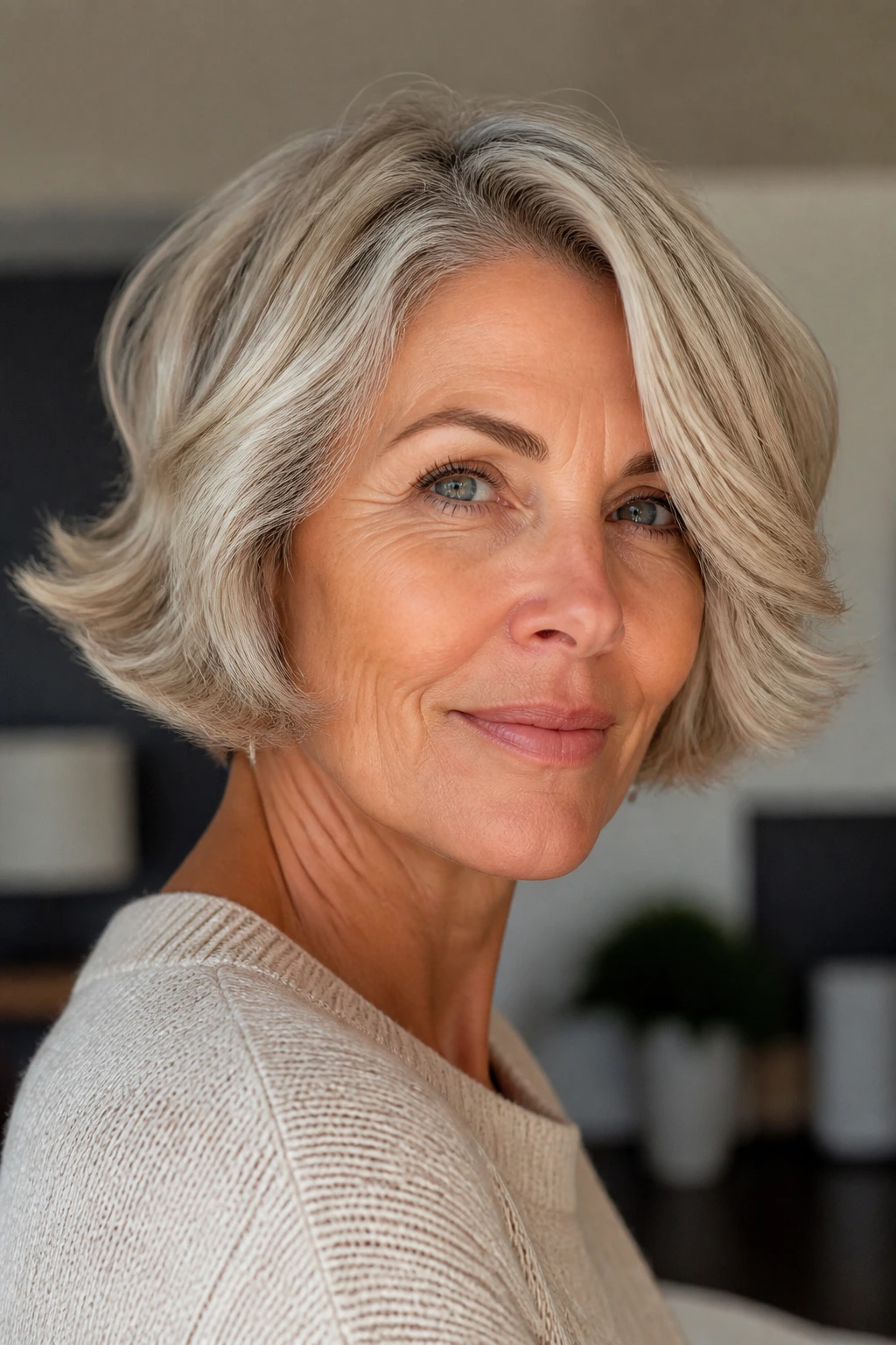 Portrait of a woman with a chin-grazing flip bob.