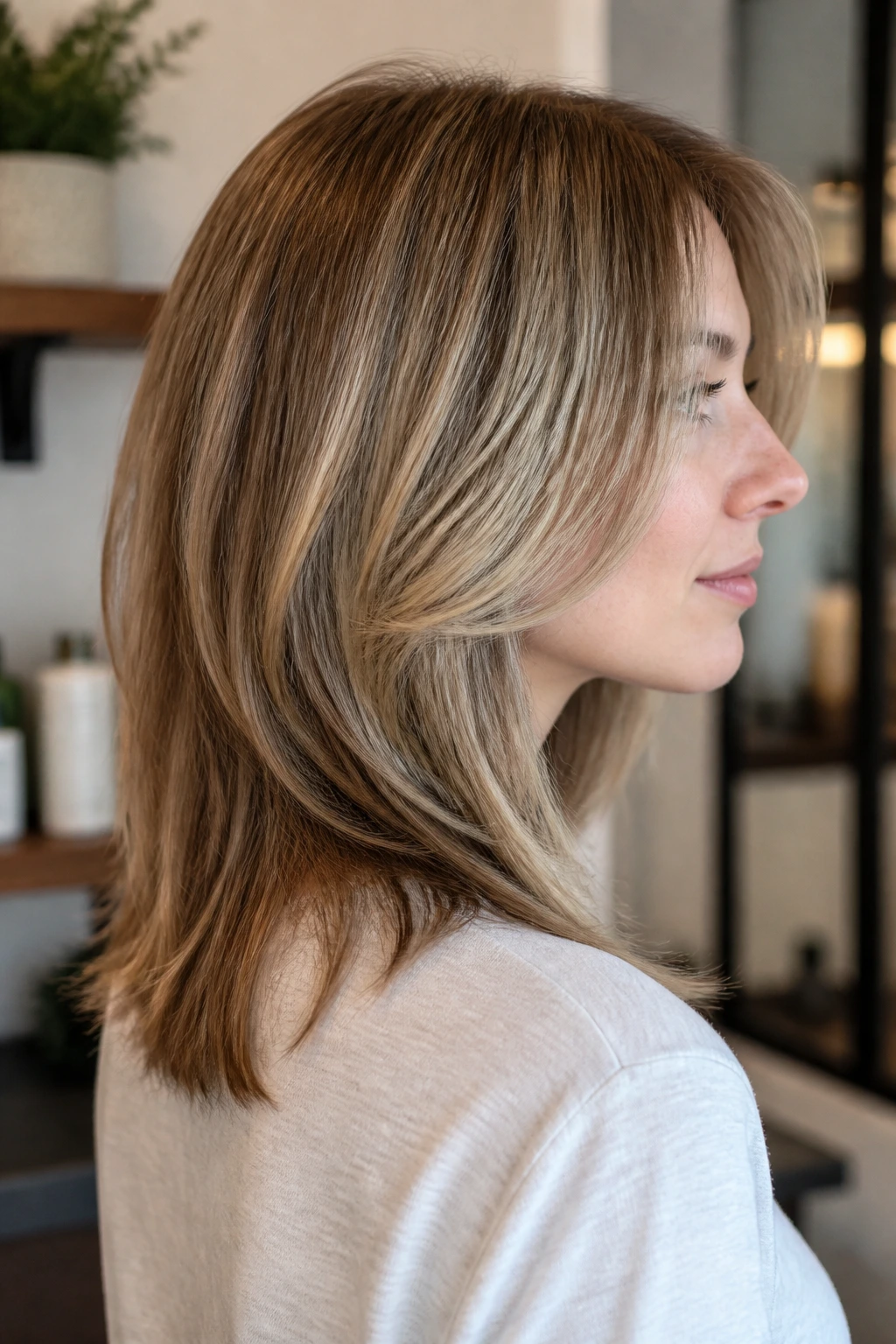 Close-up portrait of a real woman with chin-grazing face frame and longer back length.