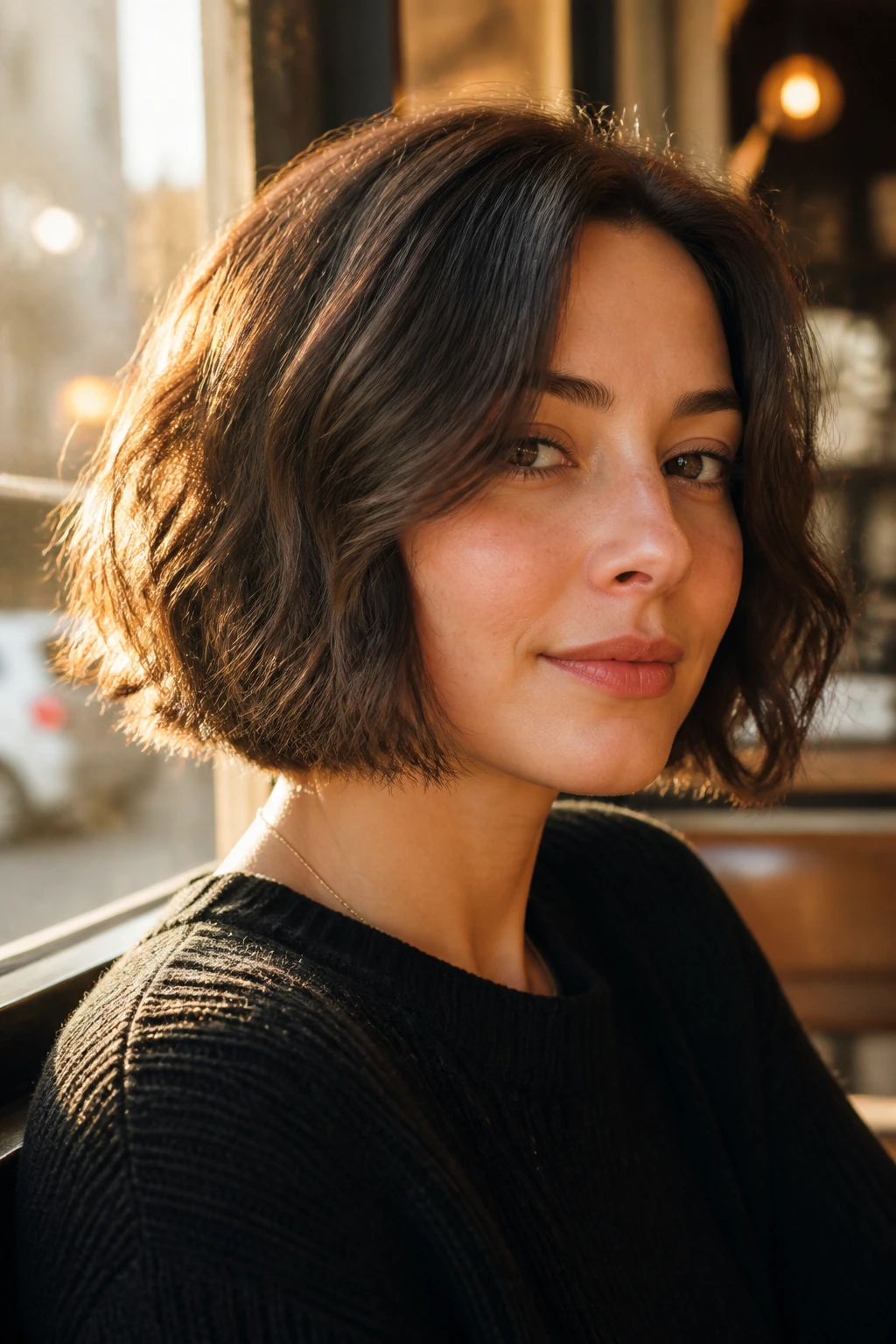 Close-up of a real woman with chin-length bob grazing the chin in cafe light