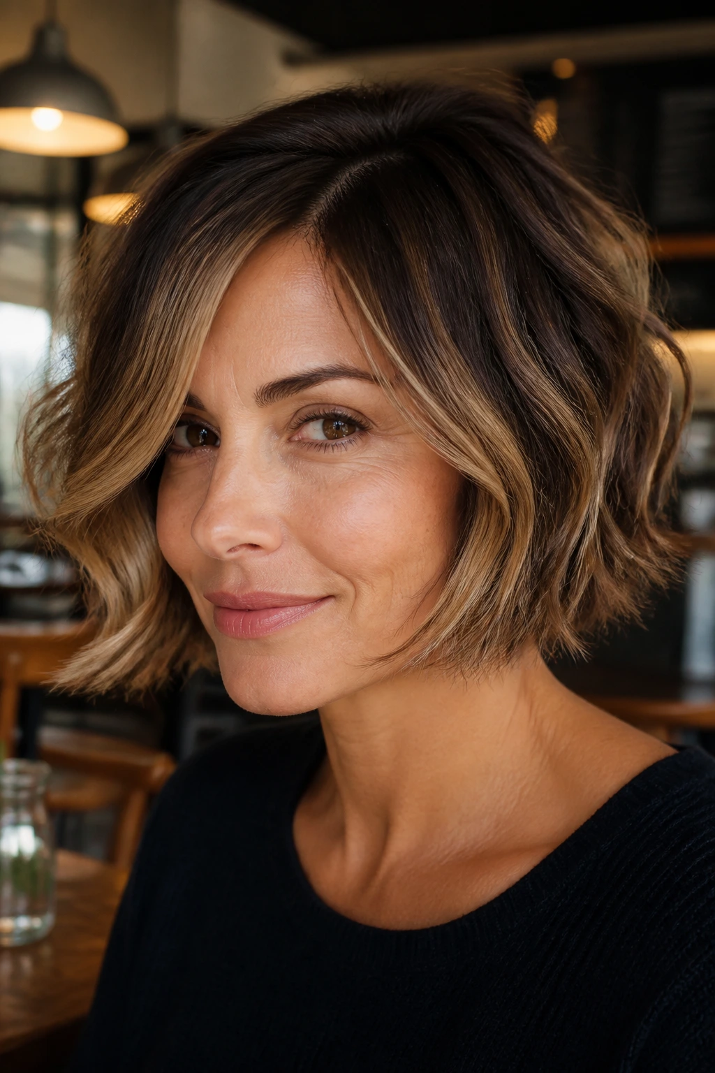 Chin-length French bob with side-swept caramel front pieces framing the face