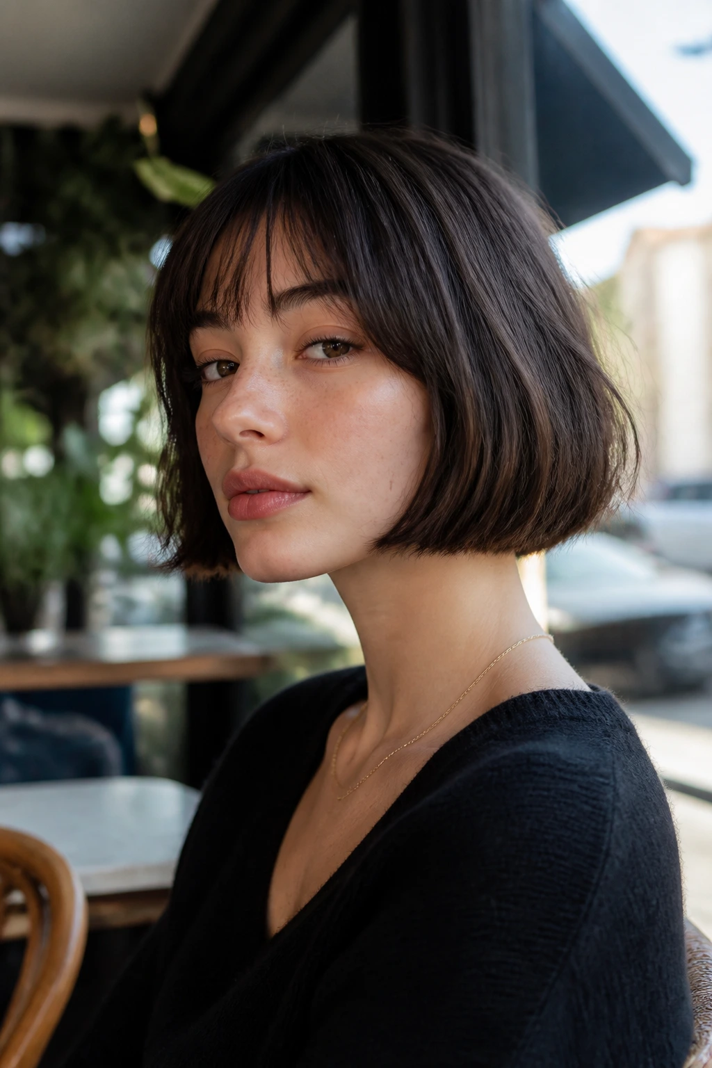 Close-up of a real woman with a chin-grazing French bob in daylight