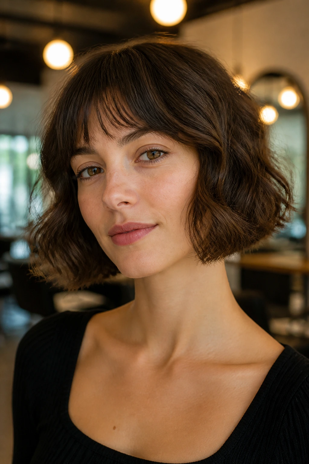 Close-up of a real woman wearing a chin-grazing French bob with loose waves at chin level