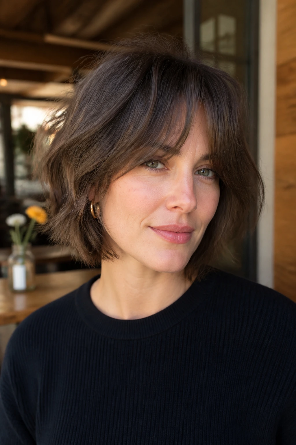 Close-up portrait of chin-length French shag with soft crown and curtain bangs in a bright cafe-like space