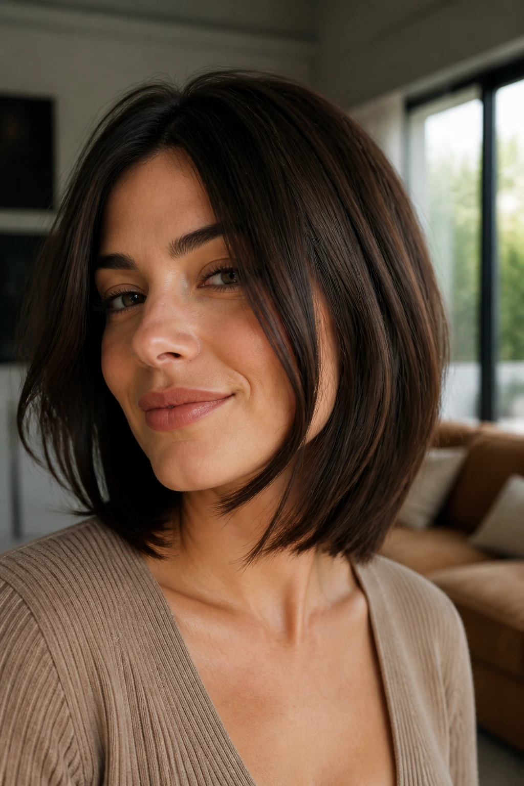 Close-up of a real woman with chin-grazing front lob framing the jawline