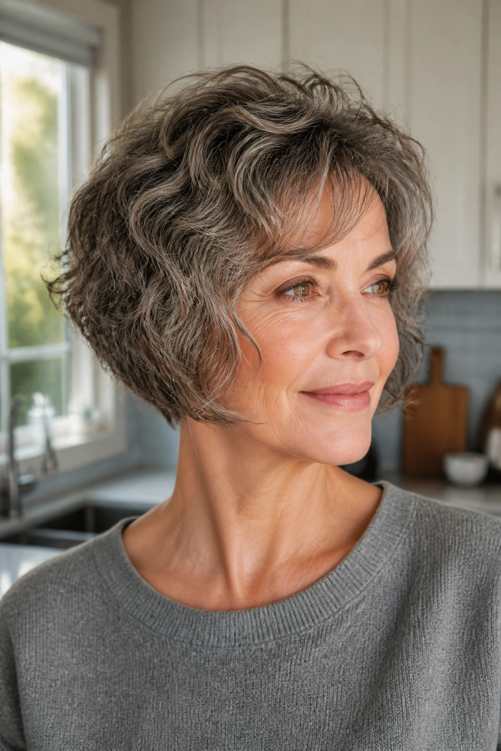 Close-up portrait of a real woman with chin-grazing layered bob pixie in morning sun