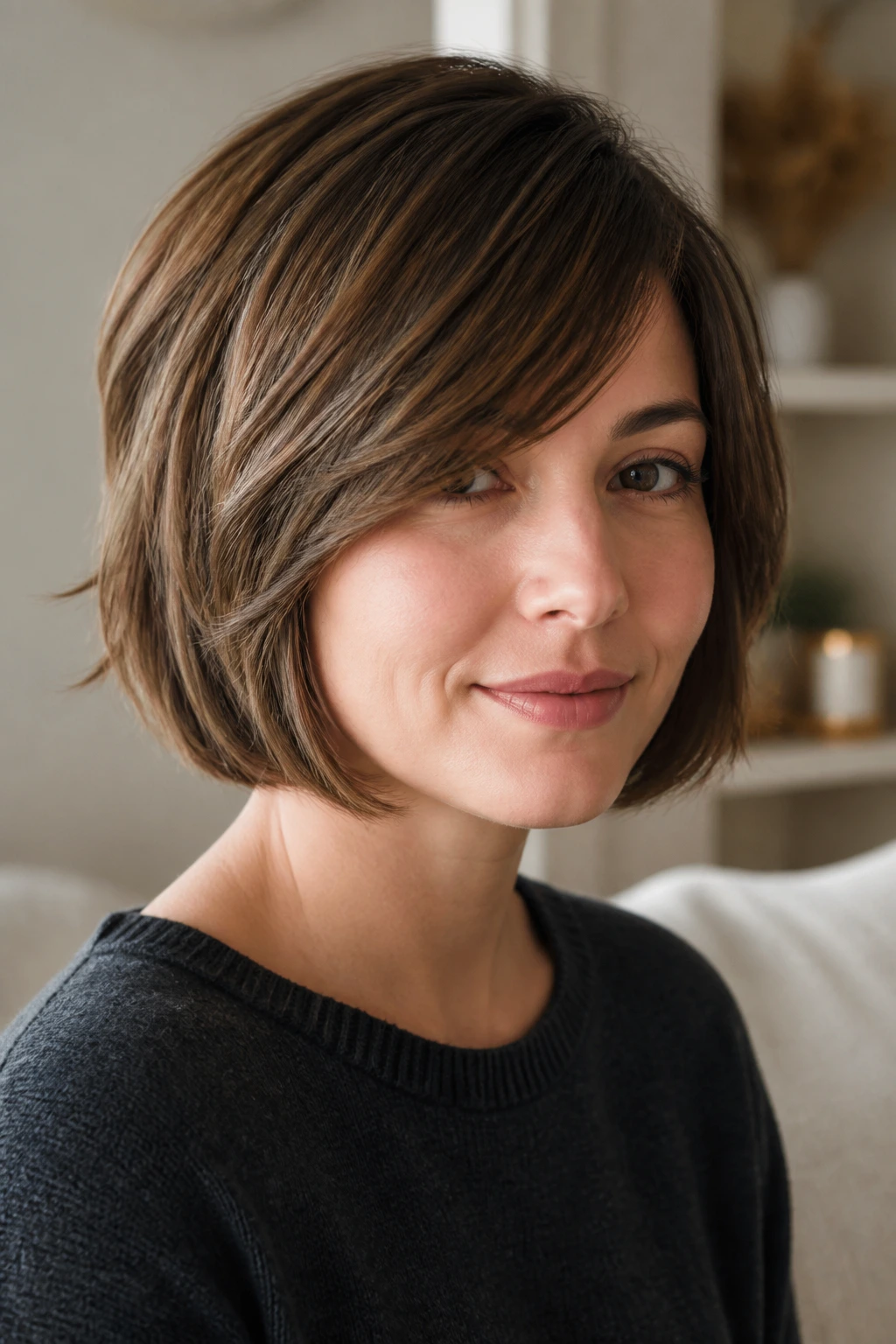 Portrait of a real woman with a chin-grazing layered bob and side fringe.