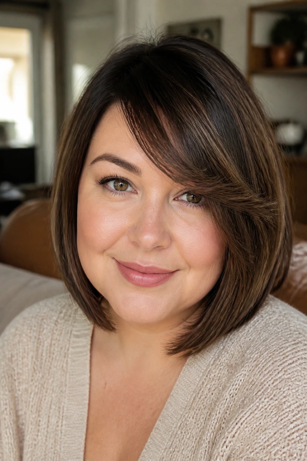 Close-up portrait of a real woman with chin-grazing layers and a deep swoop