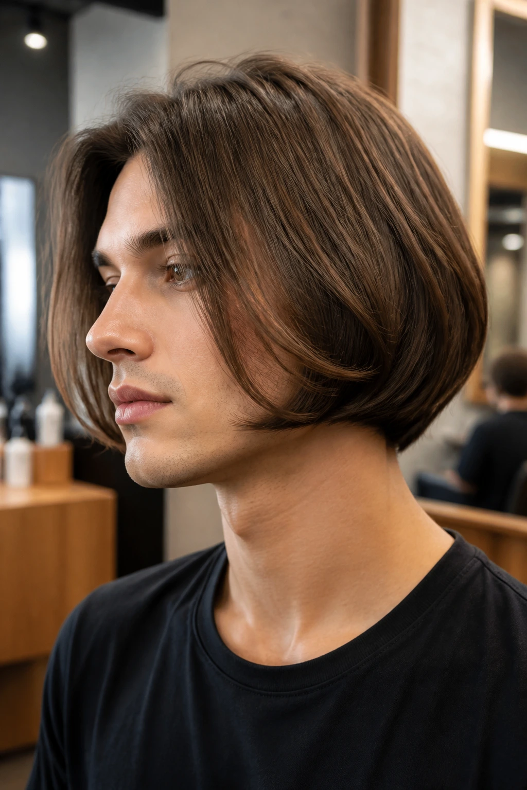 Close-up portrait of a real person with chin-grazing length and cheekbone layers in a salon