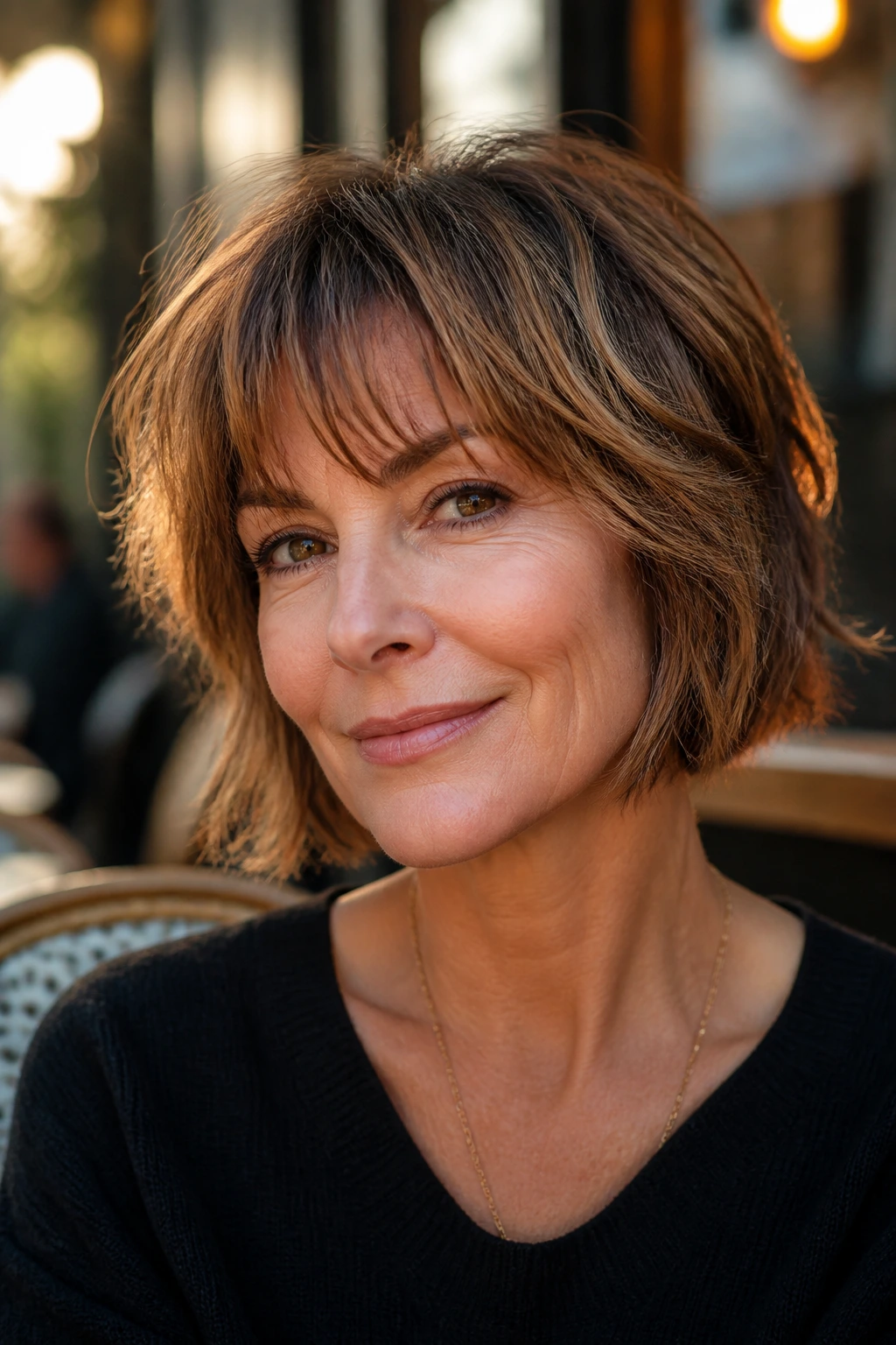 Close-up of a woman with a chin-length shag and wispy bangs featuring caramel highlights