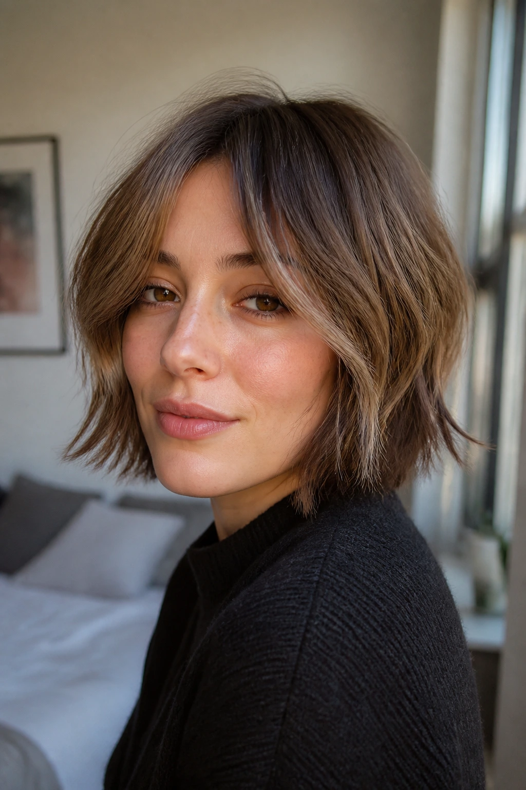 Portrait of a real person with chin-grazing soft shag and curtain bangs
