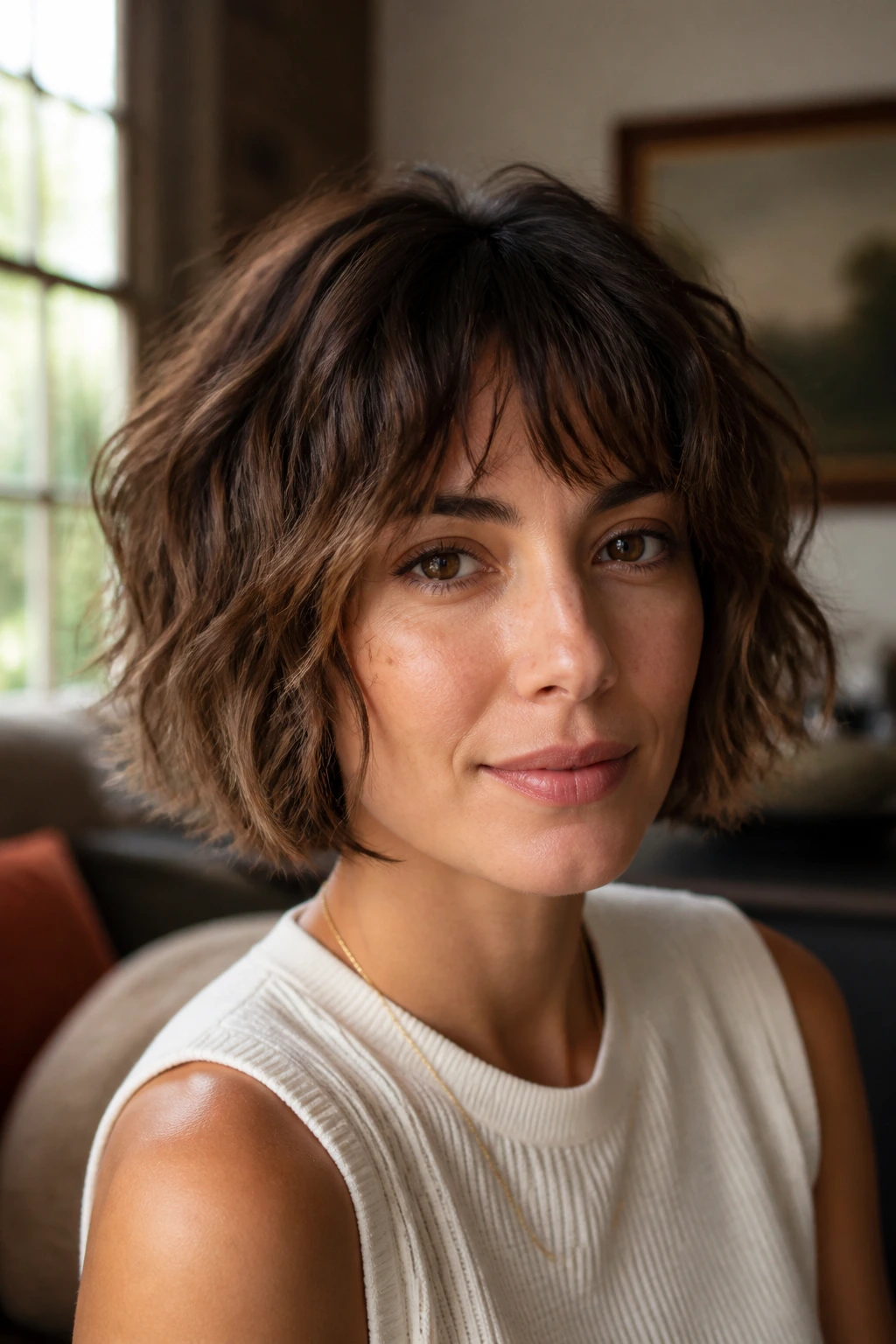 Real woman with chin-grazing shag and textured waves in warm natural light