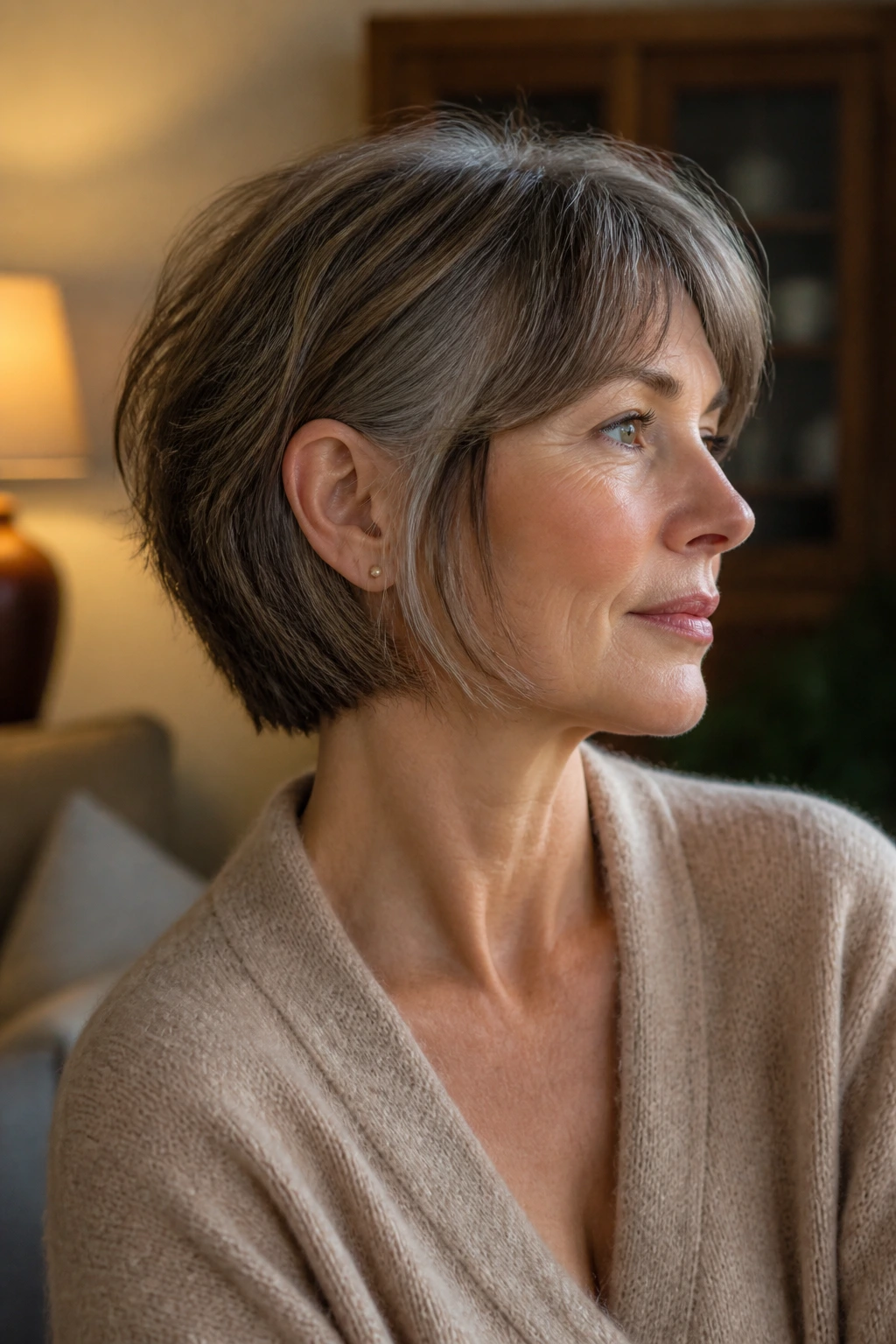 Real woman with chin-grazing shag and tucked sides in a cozy living room