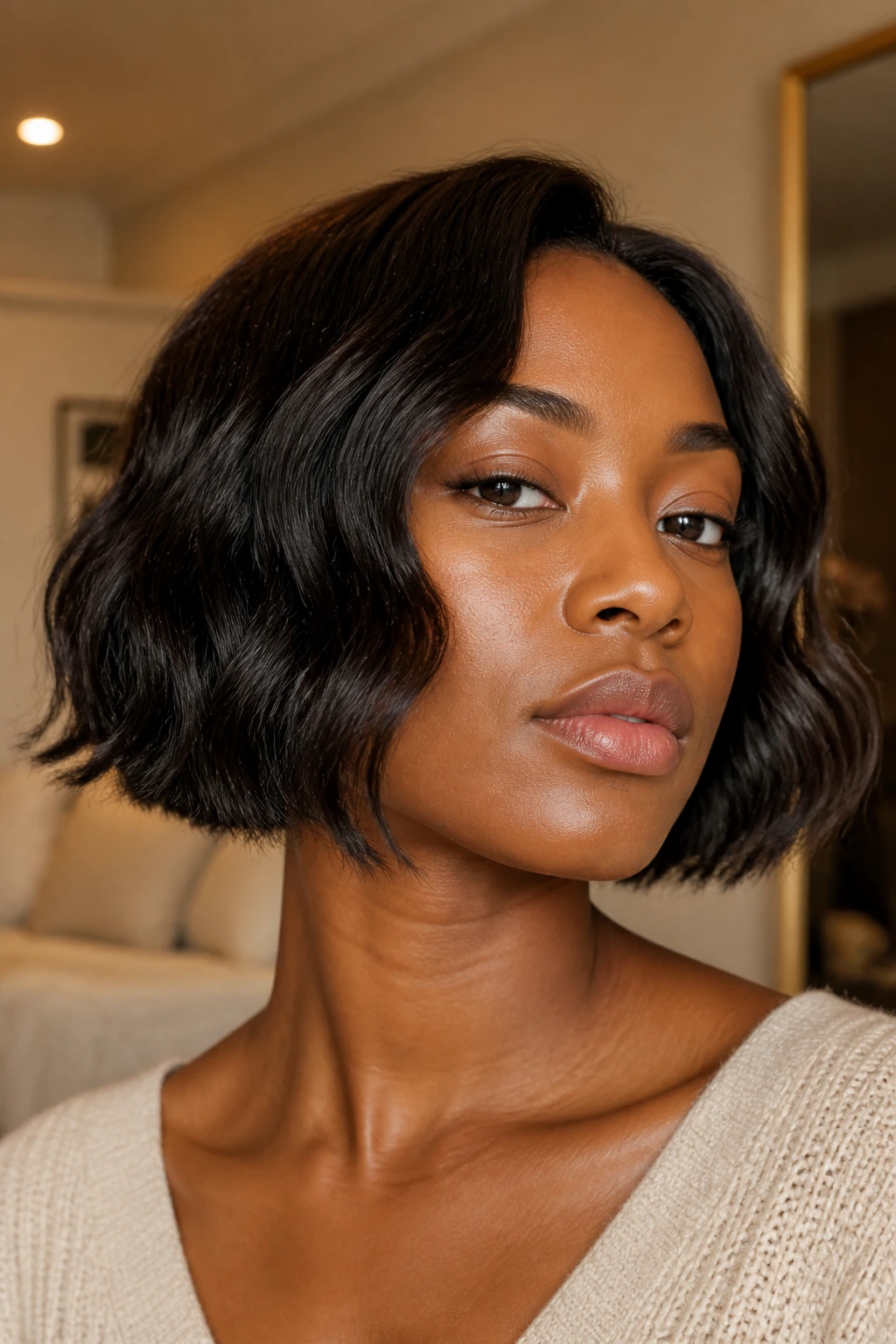Close-up of a chin-length bob with soft waves on a real Black woman