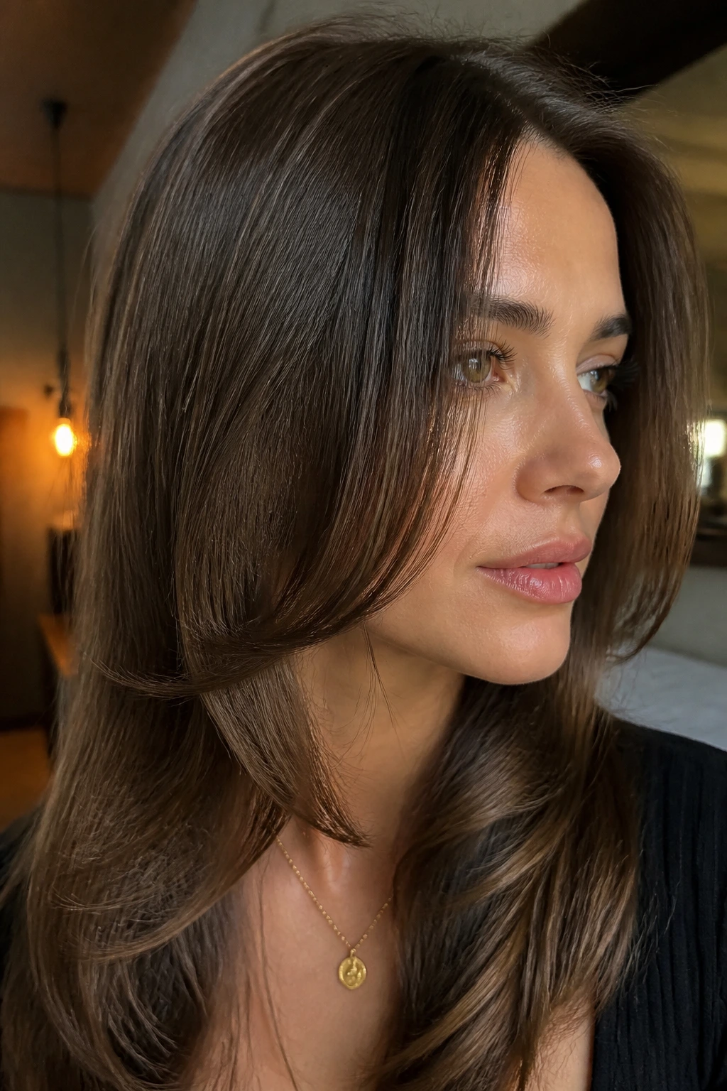 Portrait of a real person with chin-grazing front swoop framing the face