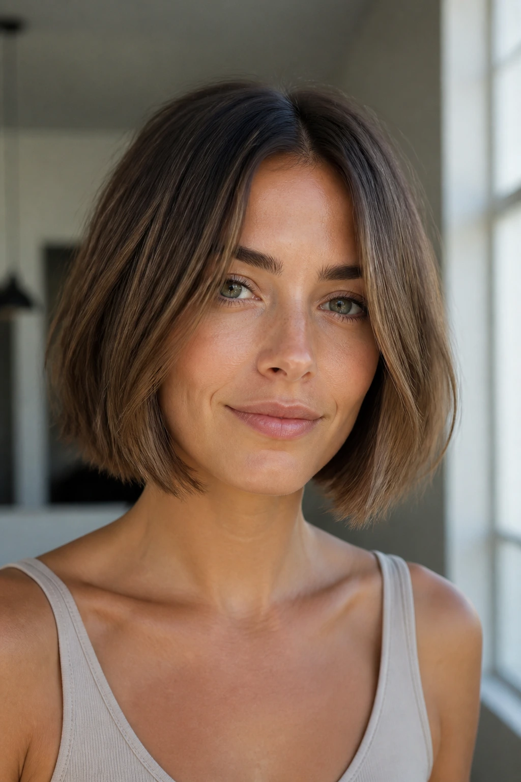 Close-up of real woman with chin-grazing textured bob and jaw-skimming front layers.