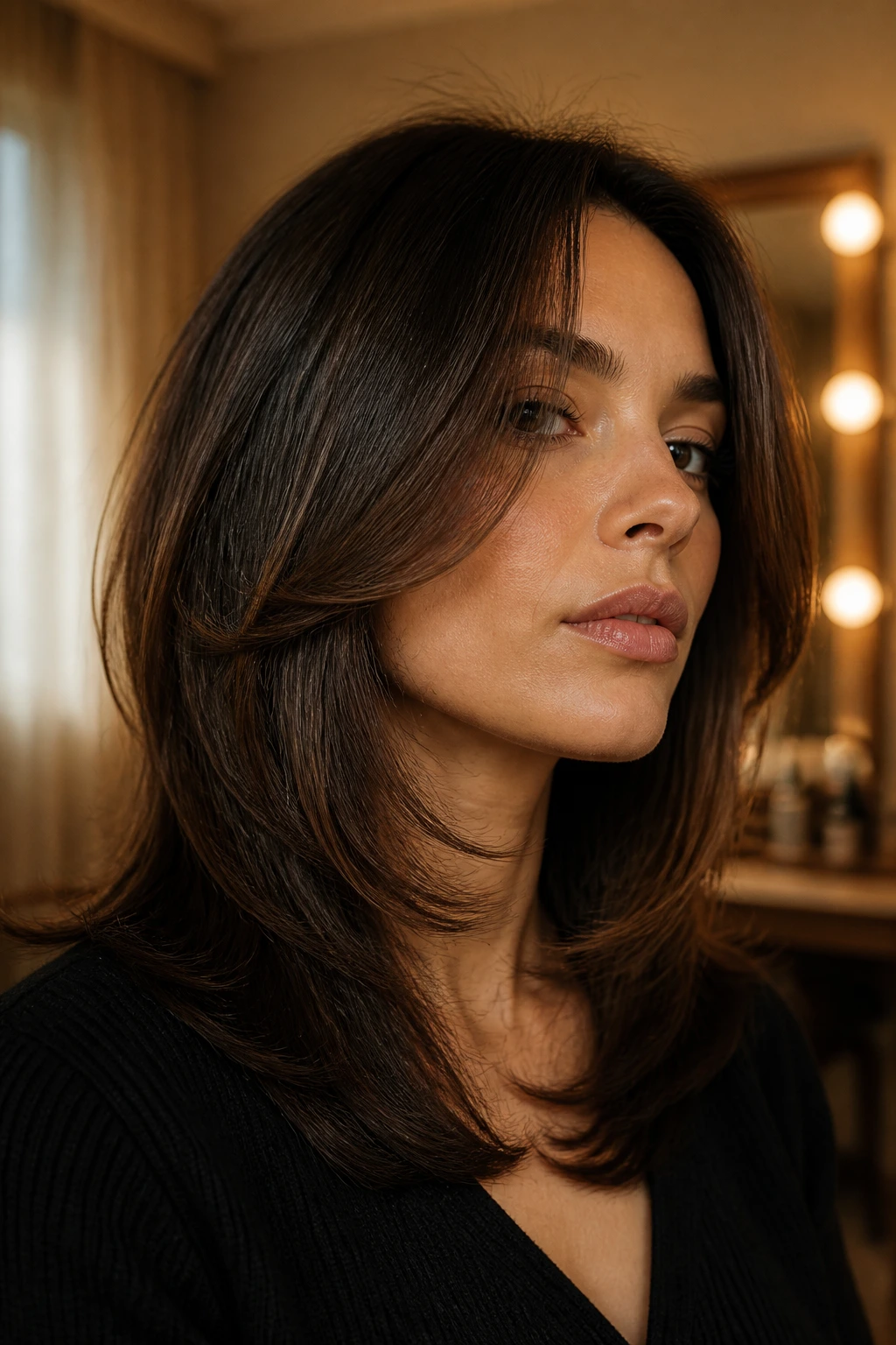 Portrait of a woman with chin-length front layers hugging the jawline in warm light.