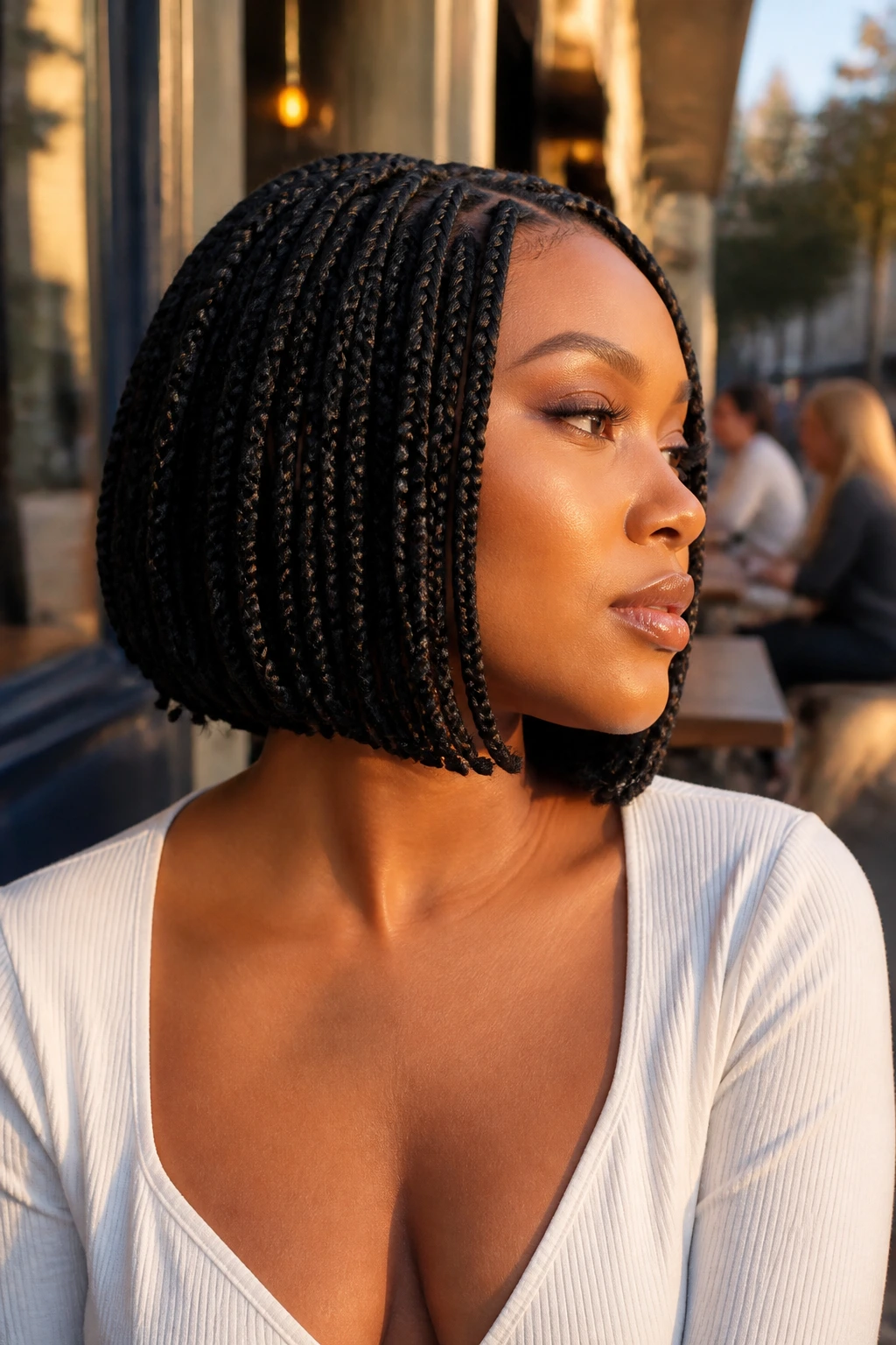 Portrait of a person with chin-skimming crochet bob showing jawline