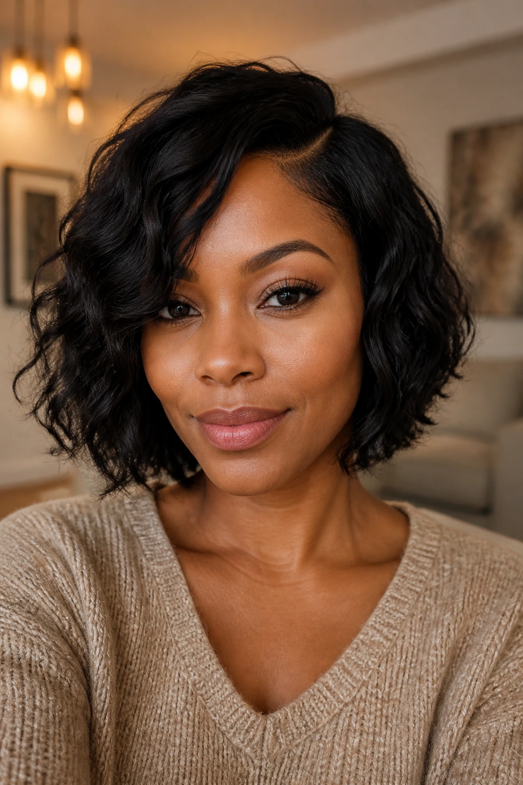 Front portrait of a real woman with a chin-to-jaw-length wavy bob
