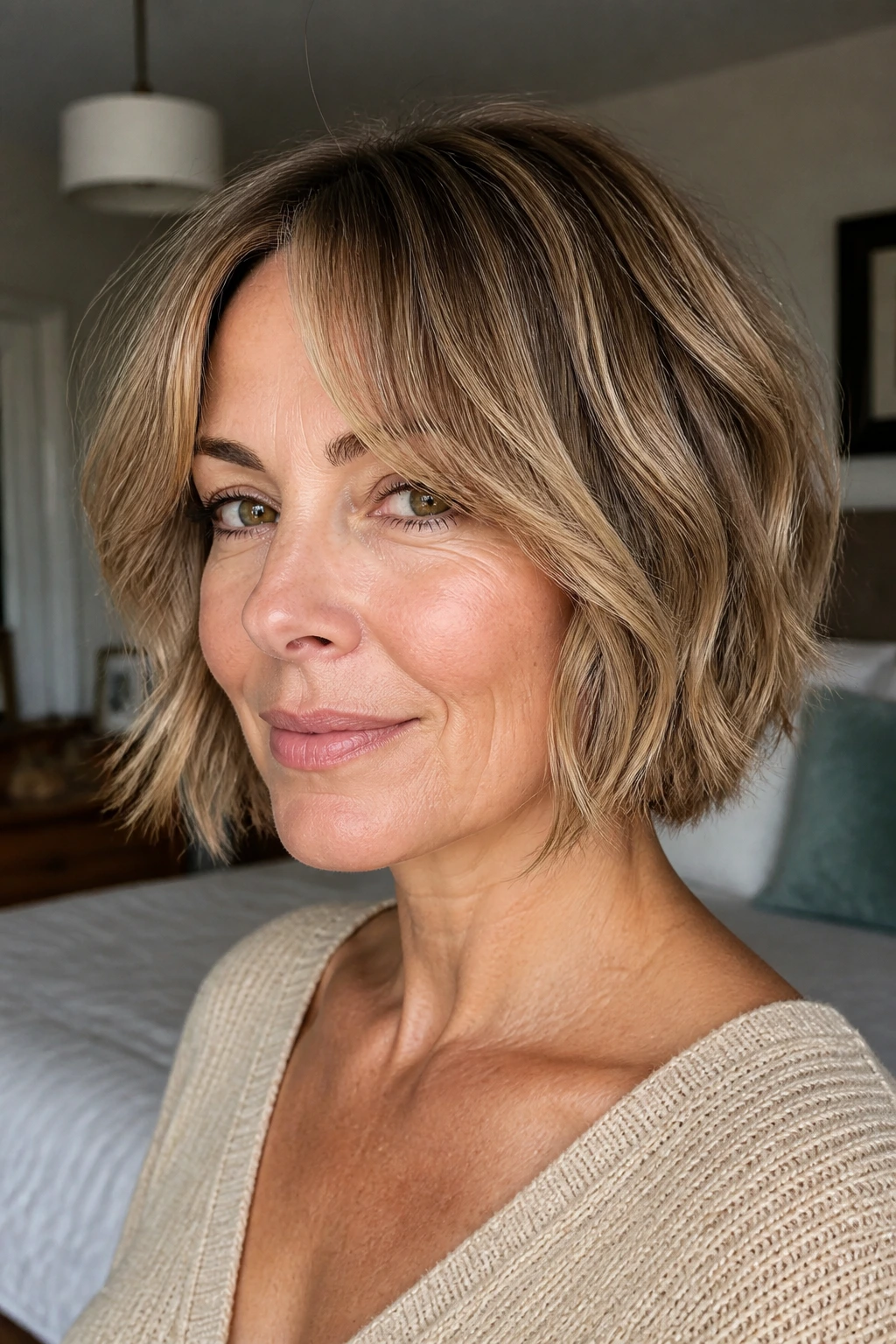 Portrait of a woman with soft chin-length angled bob and curtain bangs in natural light