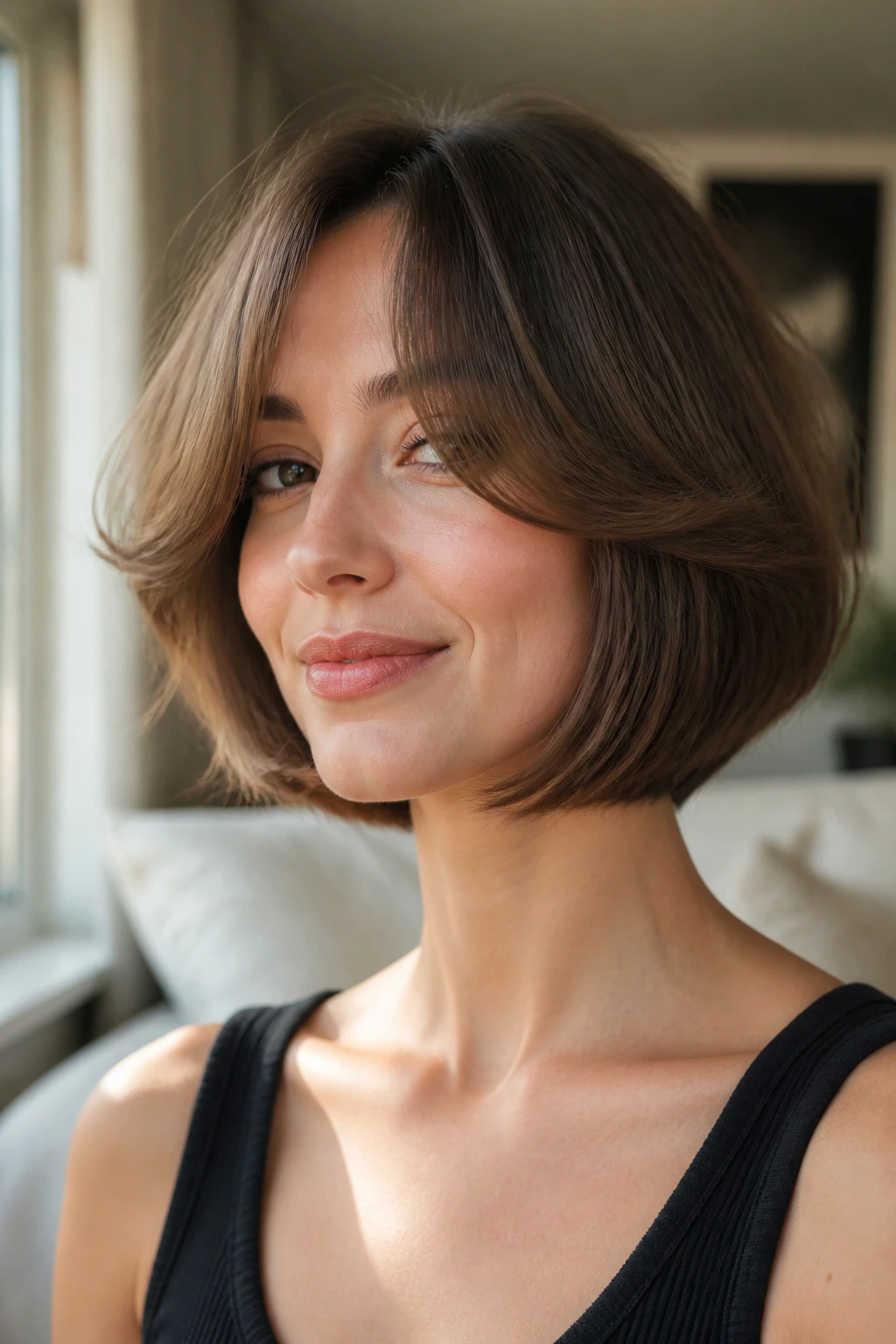 Close-up portrait of chin-length swoop curtain bangs softening a square jaw on a real woman
