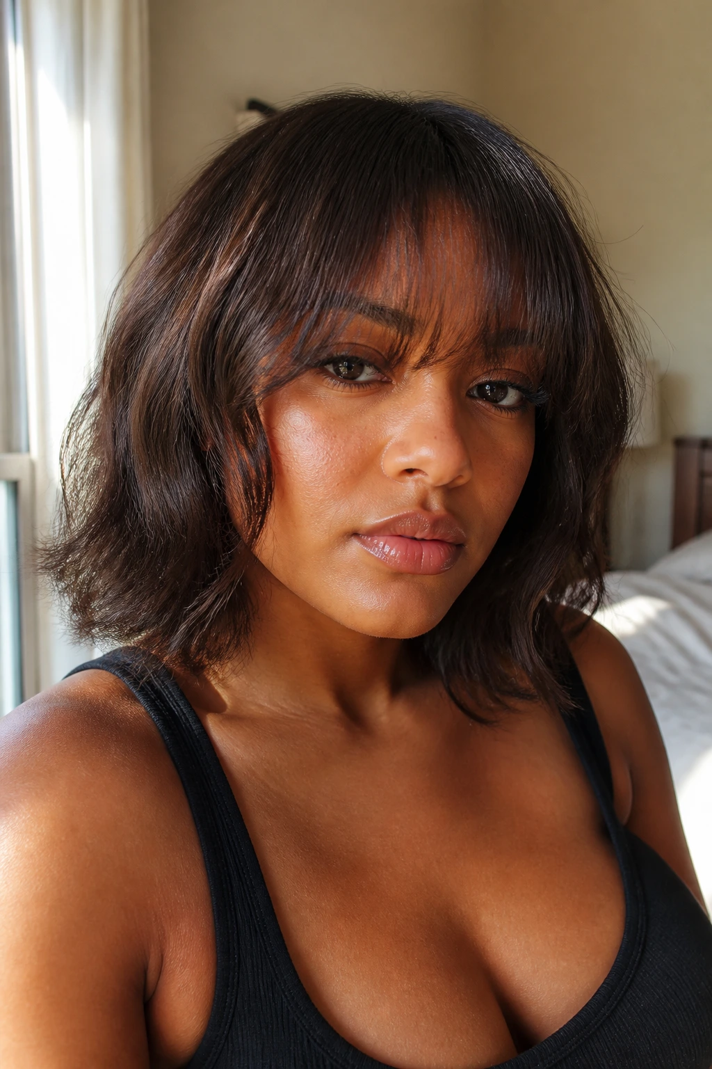 Close-up of real woman with chin-length bangs blending into layered waves, natural window light