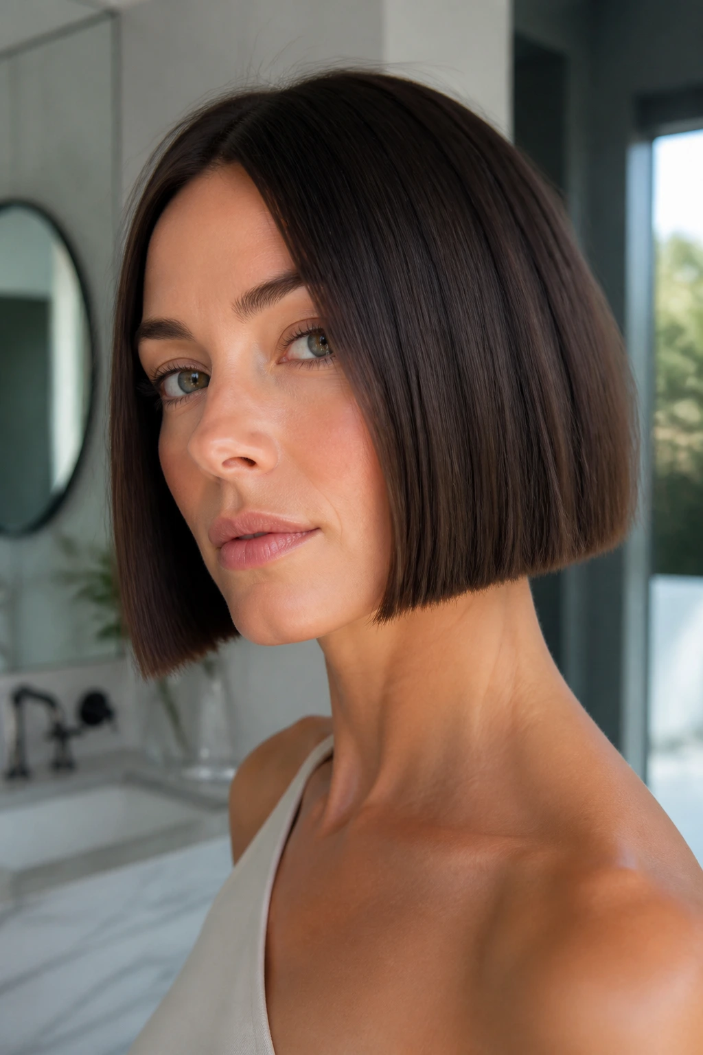 Close-up of a real woman’s chin-length blunt bob with a crisp edge and subtle movement