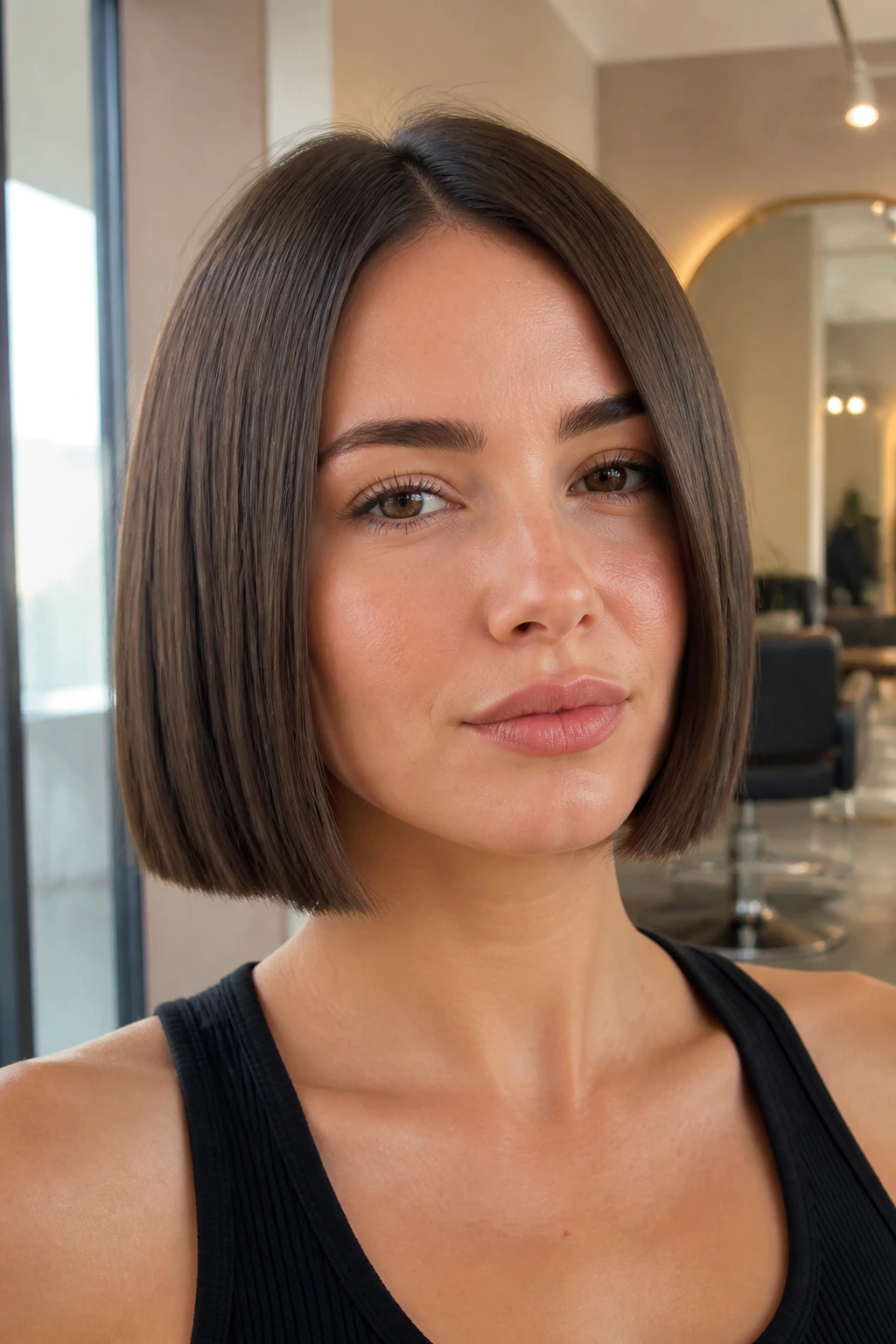 Close-up of a real woman with a crisp chin-length blunt bob in a modern salon