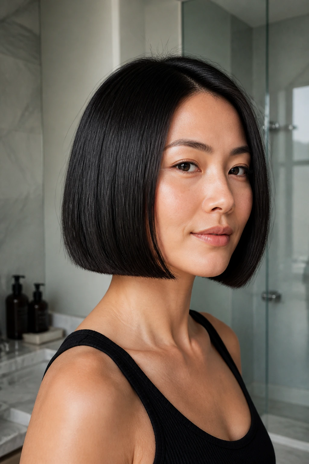 Close-up of a real woman with a chin-length blunt bob on black hair in a modern bathroom