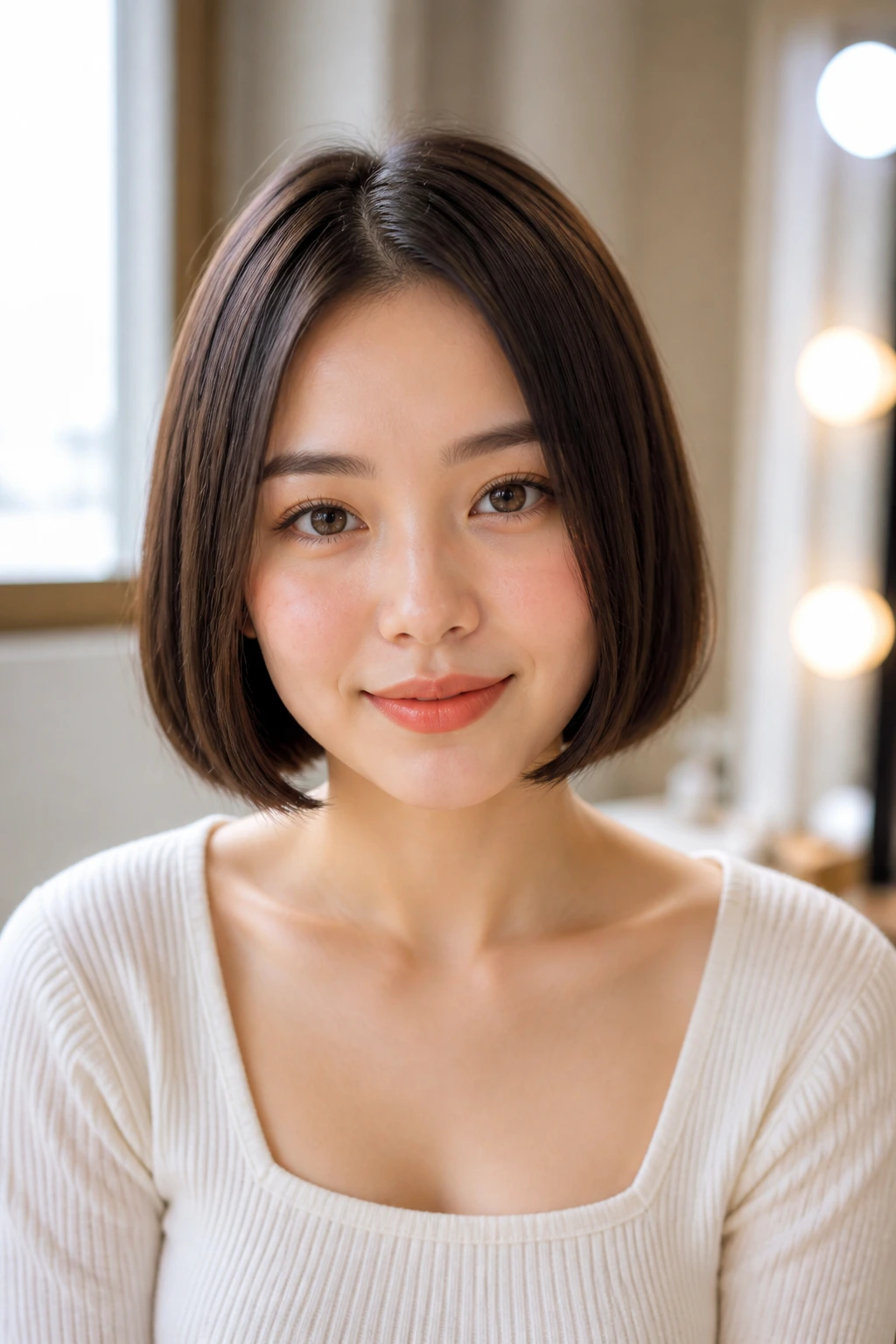 Portrait of a woman with a chin-length blunt bob and tucked ends
