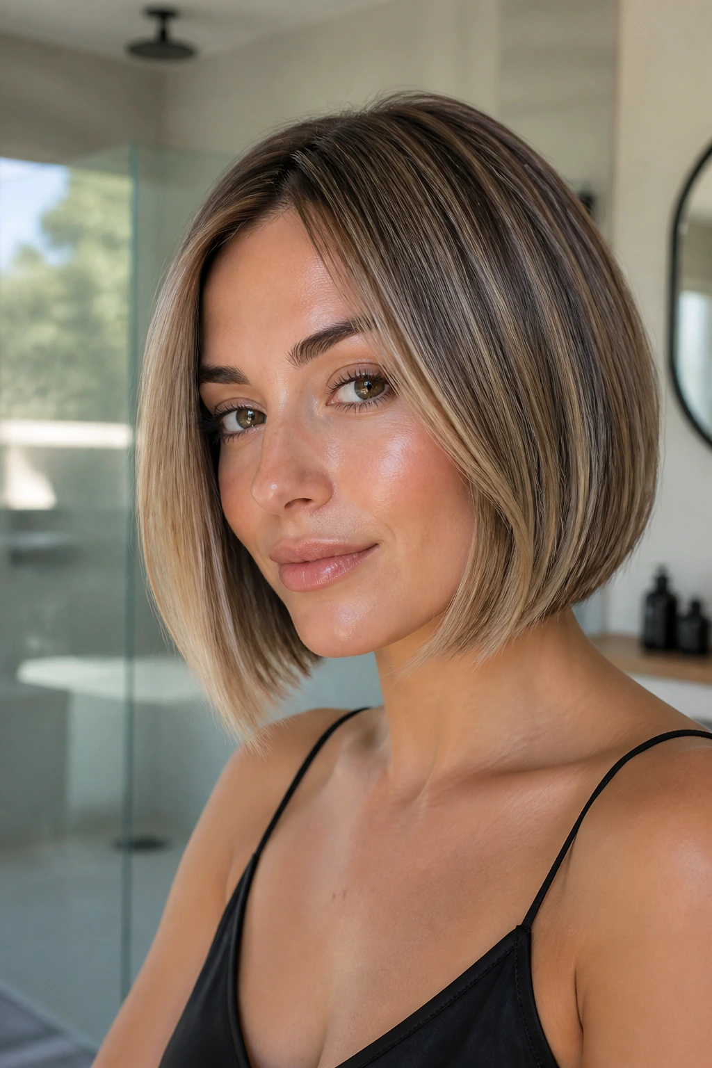 Close-up of a real woman with chin-length blunt bob and babylight veil.