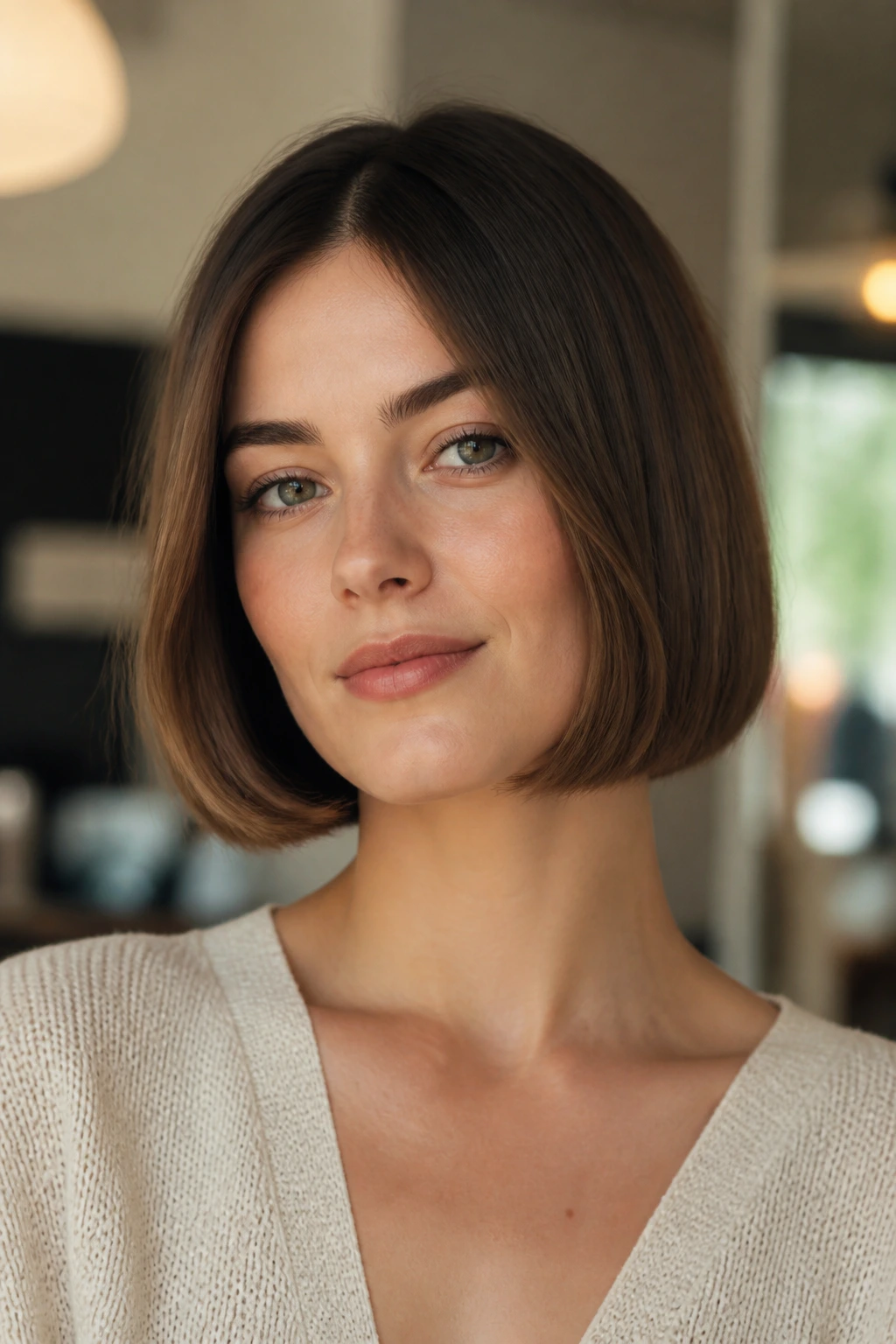 Portrait of a woman with a chin-length blunt bob in warm indoor light