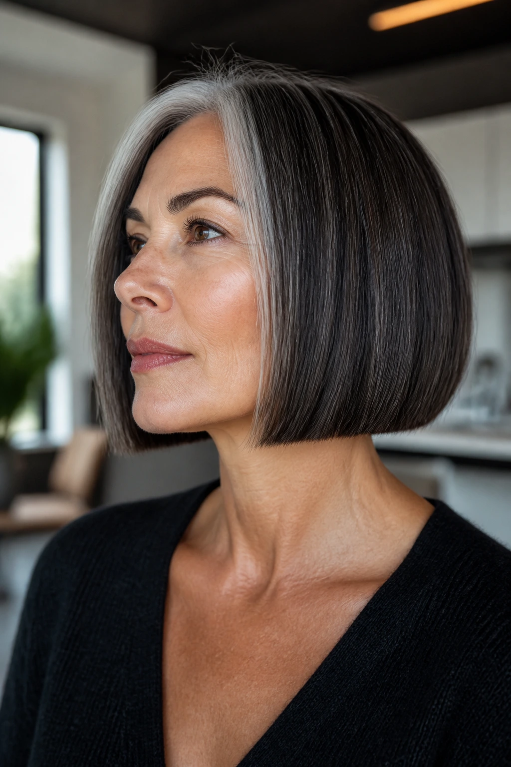 Portrait of person with chin-length blunt bob showing clean edge and silver-gray contrast