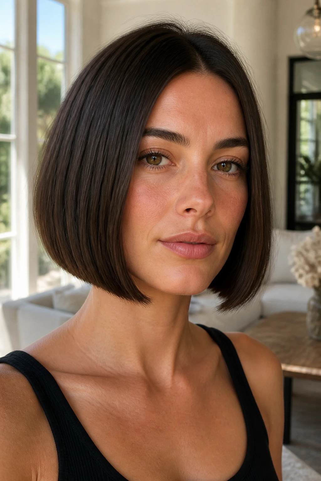 Close-up of a real woman with a chin-length blunt bob.