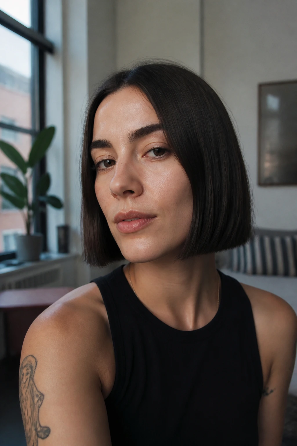 Real woman with chin-length blunt bob and crisp edge
