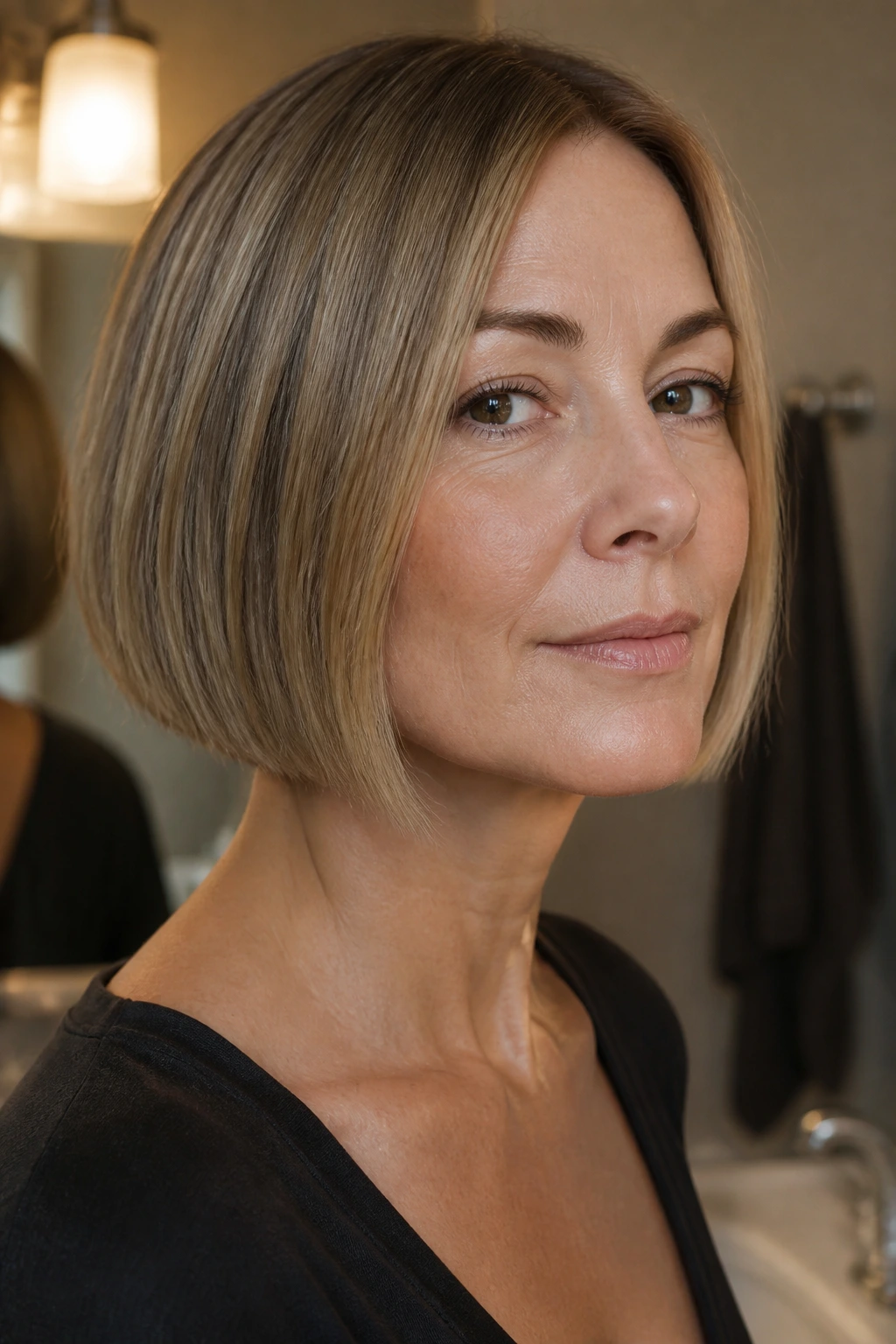 Real woman with a blunt chin-length bob in a close-up portrait.