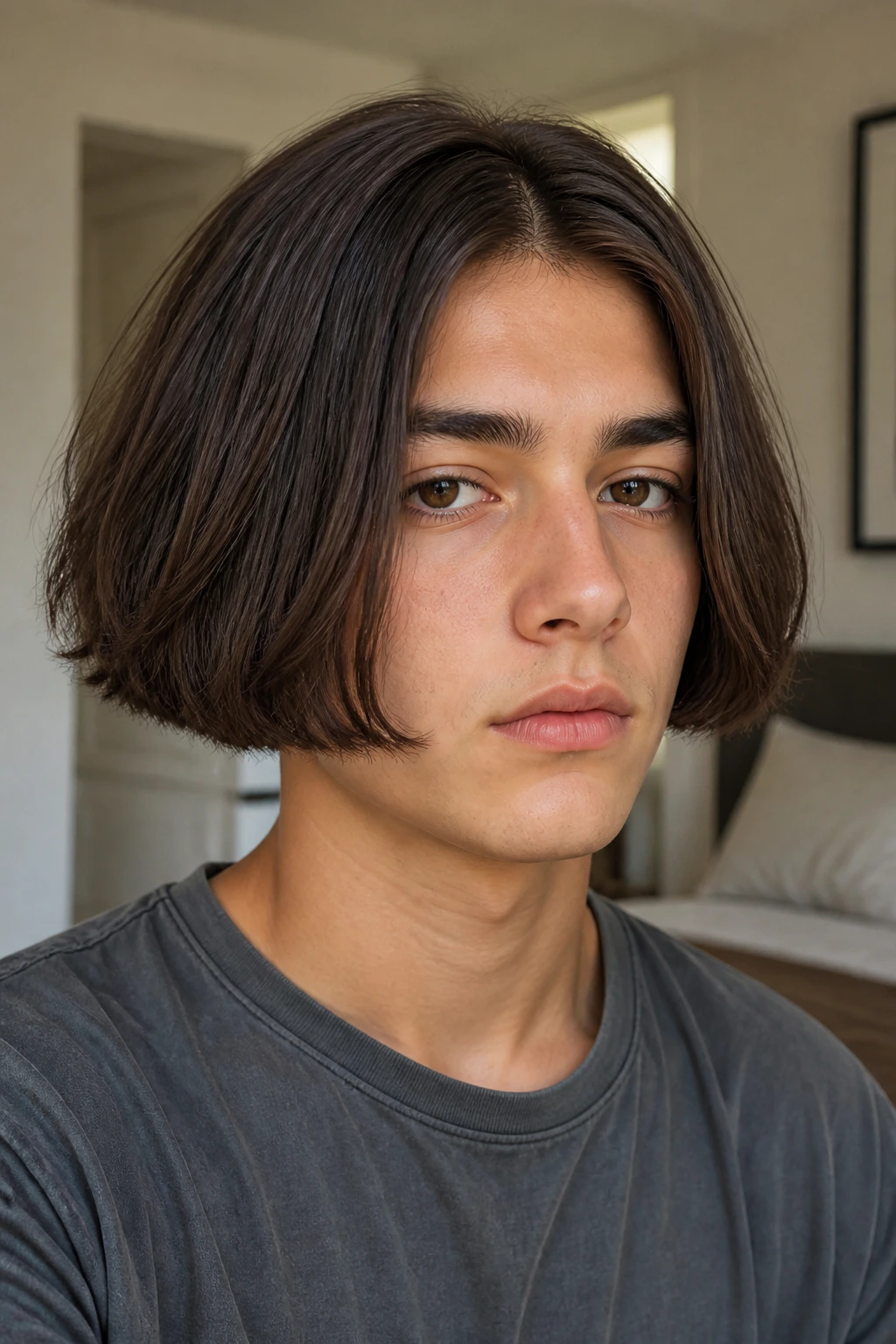 Teen boy with chin-length blunt bob, close-up portrait.