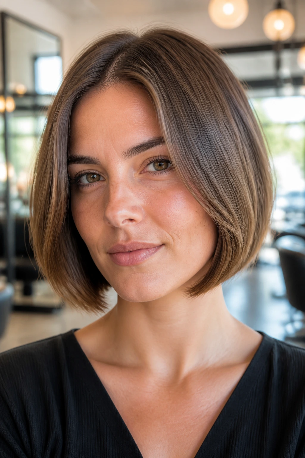 Close-up of chin-length blunt bob with a soft center bend on a real woman