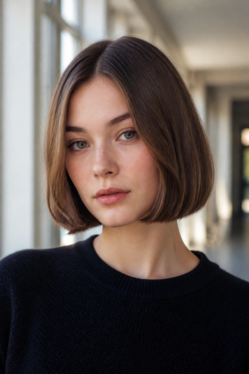 Close-up of a girl with a chin-length blunt bob under bright daylight.
