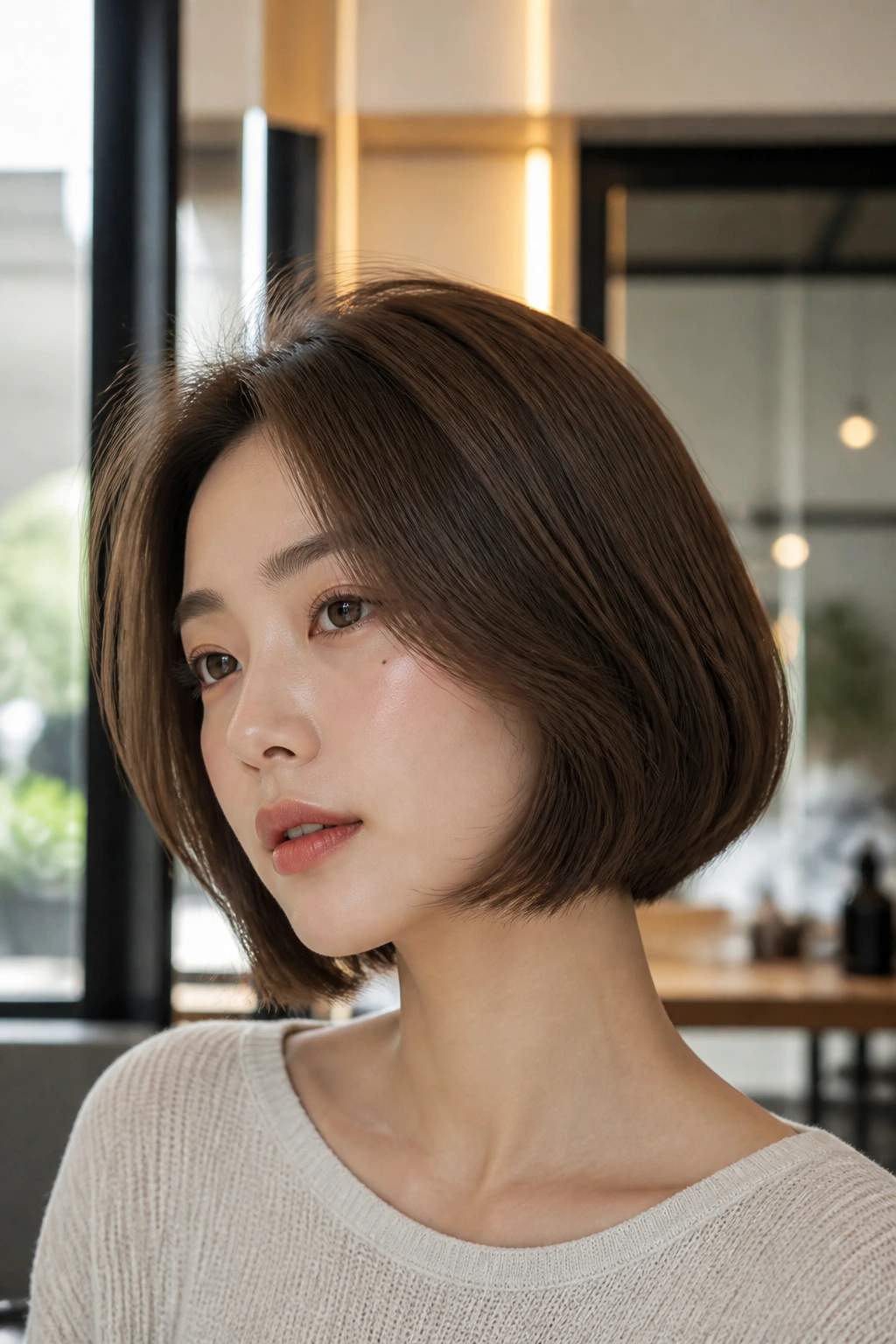 Woman with chin-length rounded bob showing curved-in ends