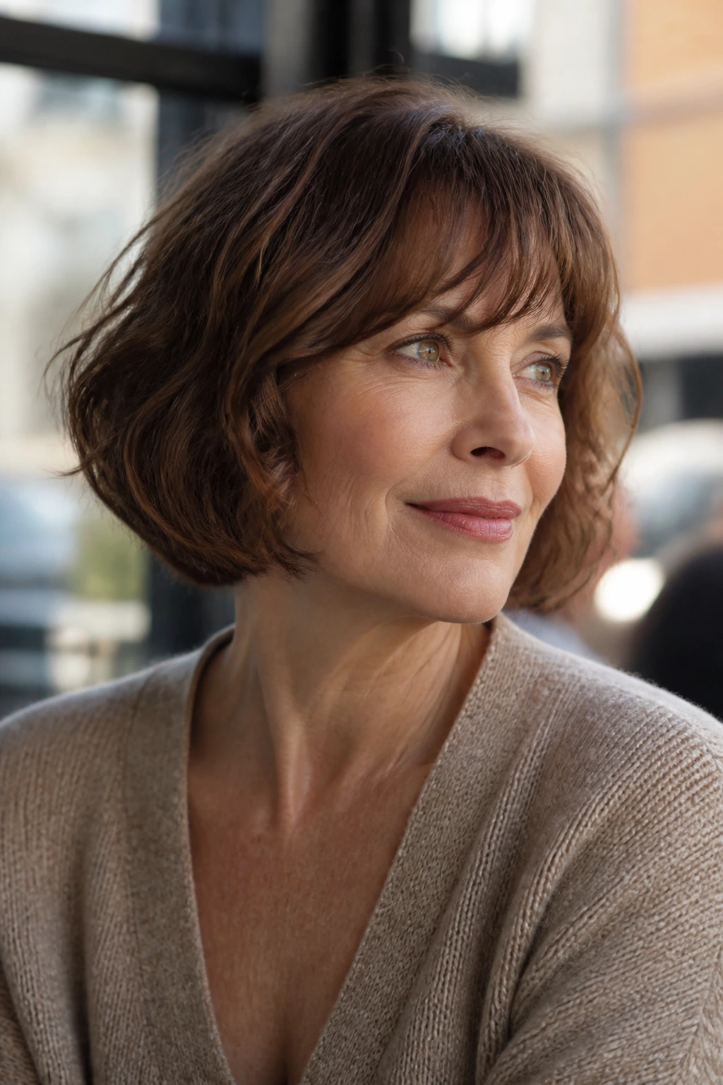 Close-up portrait of a real woman with a chin-length French bob in warm cafe light