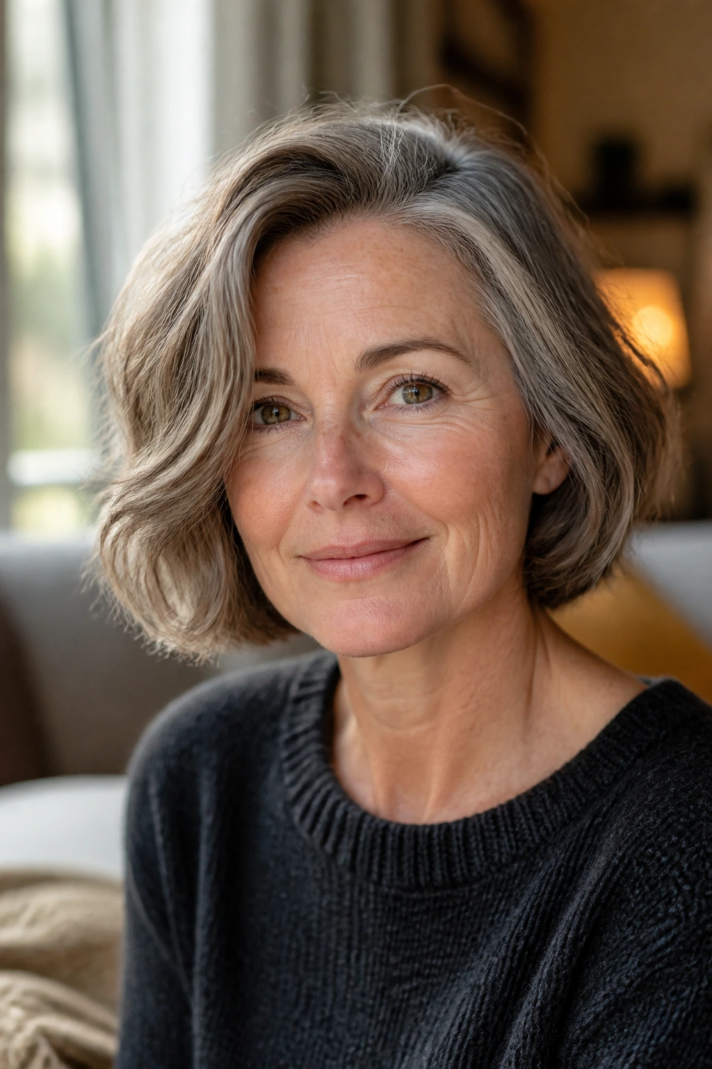 Close-up of a real woman with a chin-length bob and deep side part