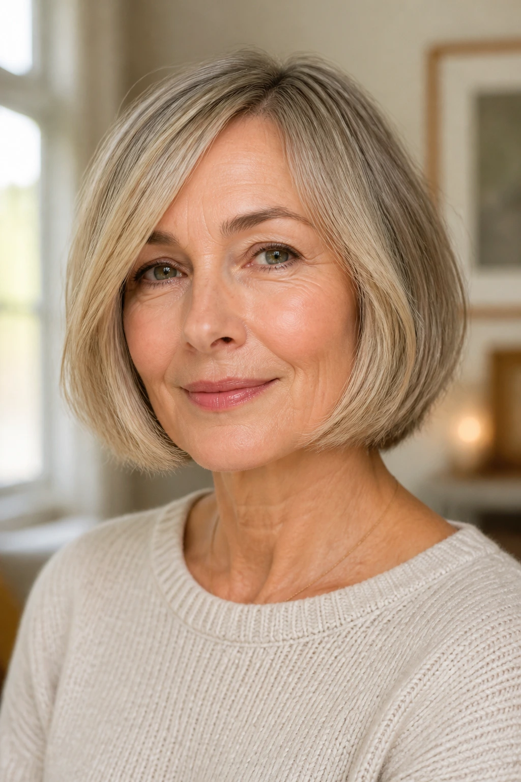 Head-and-shoulders portrait of a real woman with a chin-length bob and airy ends