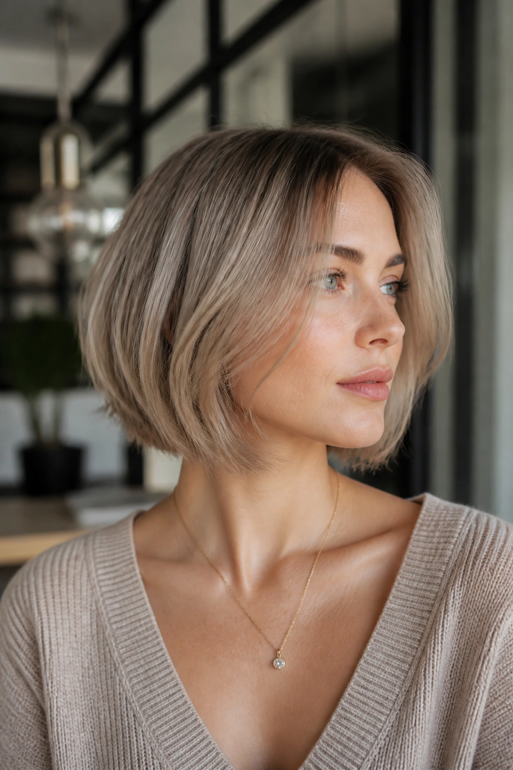 Close-up of a real woman with chin-length bob and soft underlayers in ash beige