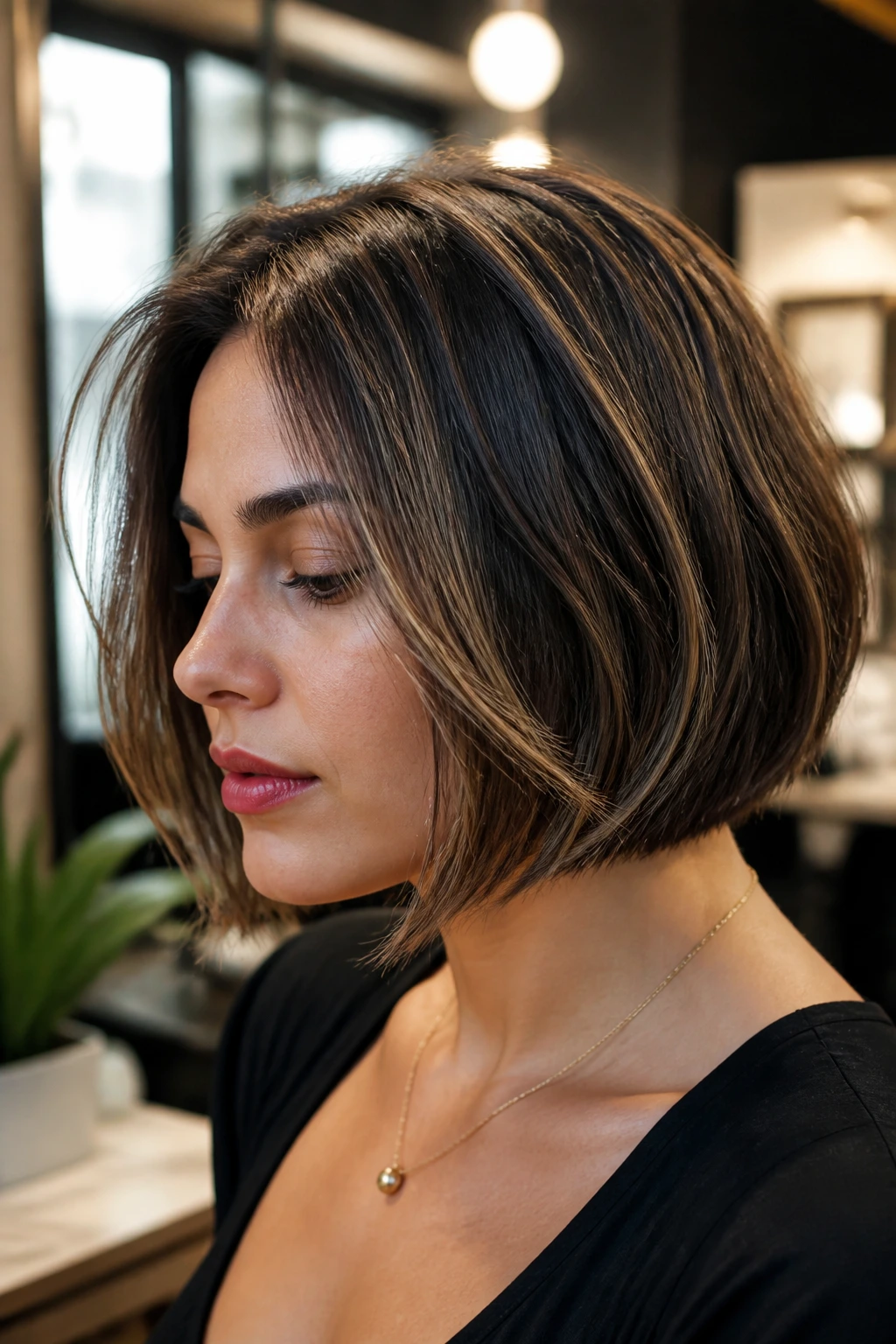 Close-up of a real woman with chin-length French bob and subtle babylights in soft salon lighting